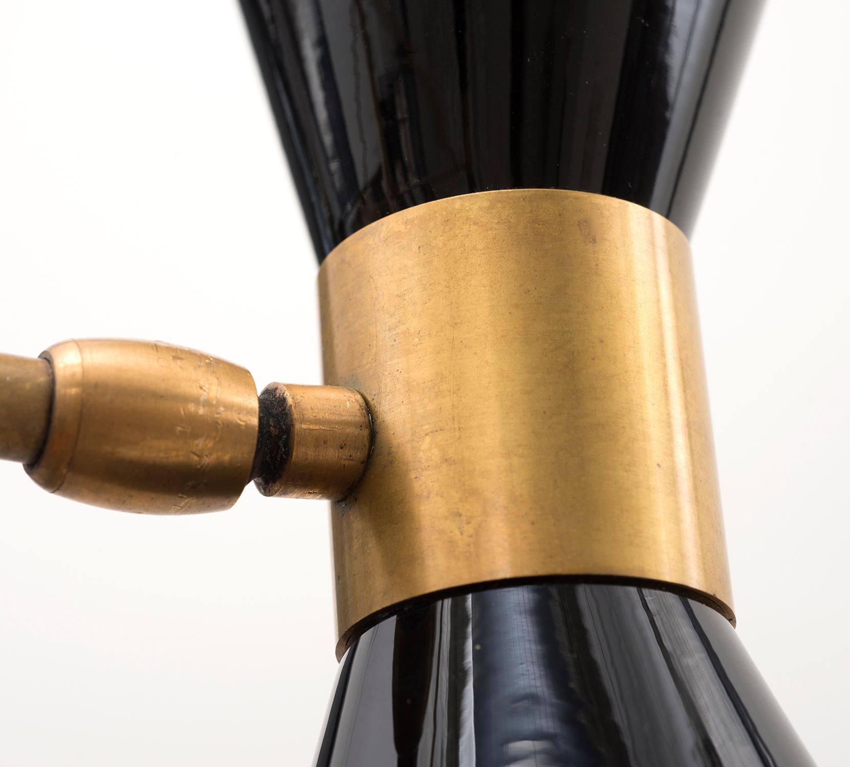 Painted Stilnovo Chandelier In Brass With Black-Laquered Diablo Lamps, Italy, 1950s