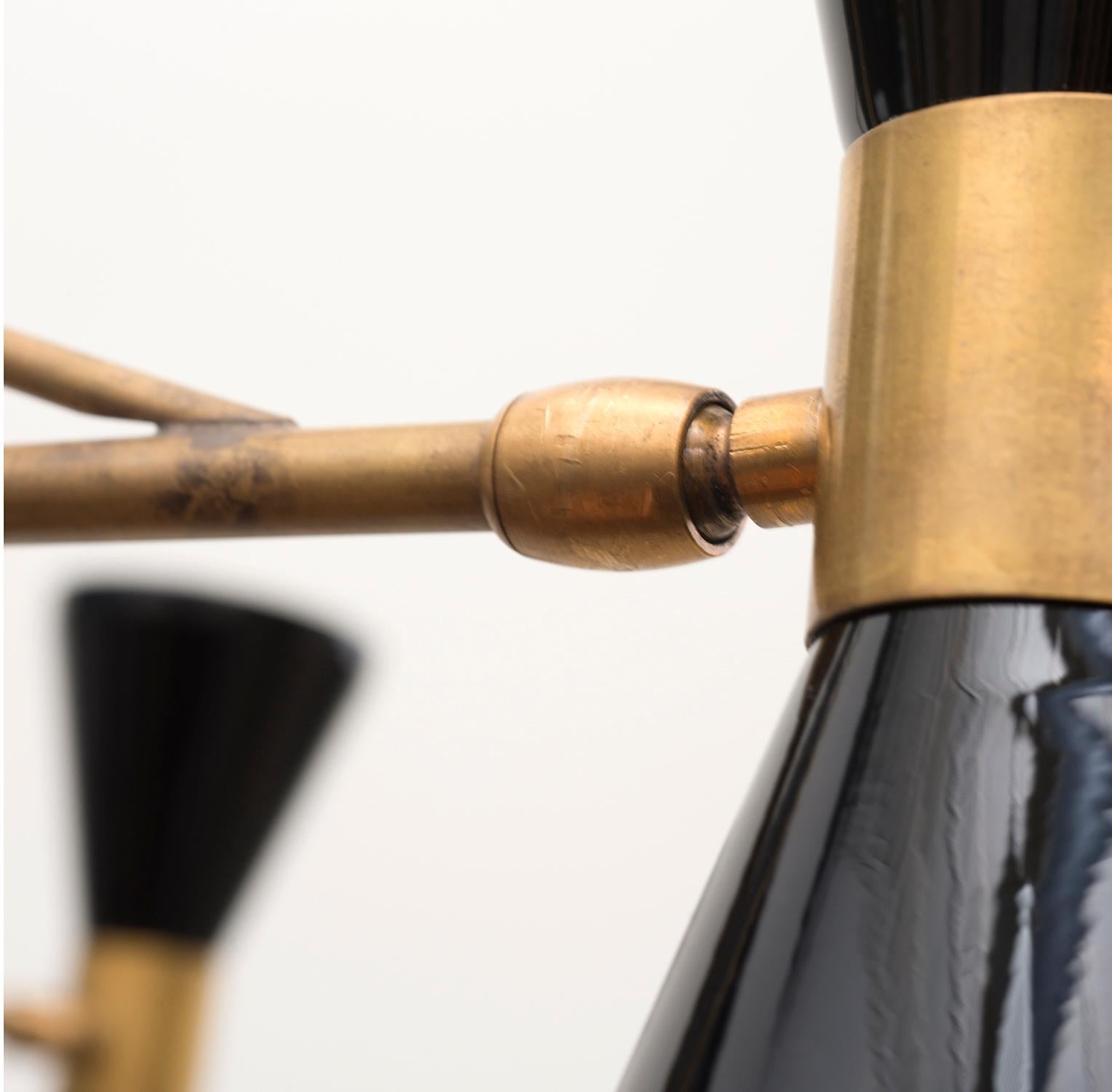 Stilnovo Chandelier In Brass With Black-Laquered Diablo Lamps, Italy, 1950s In Excellent Condition In Sylacauga, AL