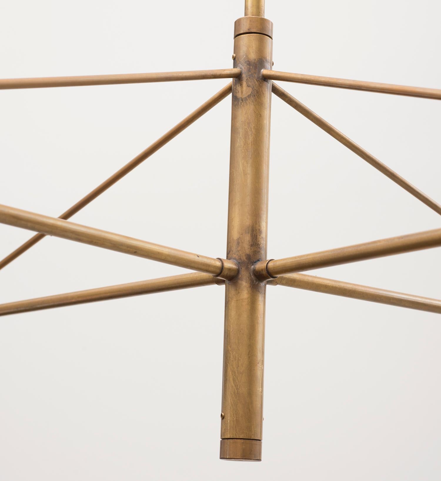 Mid-20th Century Stilnovo Chandelier In Brass With Black-Laquered Diablo Lamps, Italy, 1950s