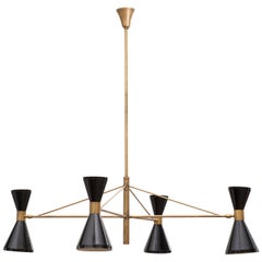 Stilnovo Chandelier In Brass With Black-Laquered Diablo Lamps, Italy, 1950s