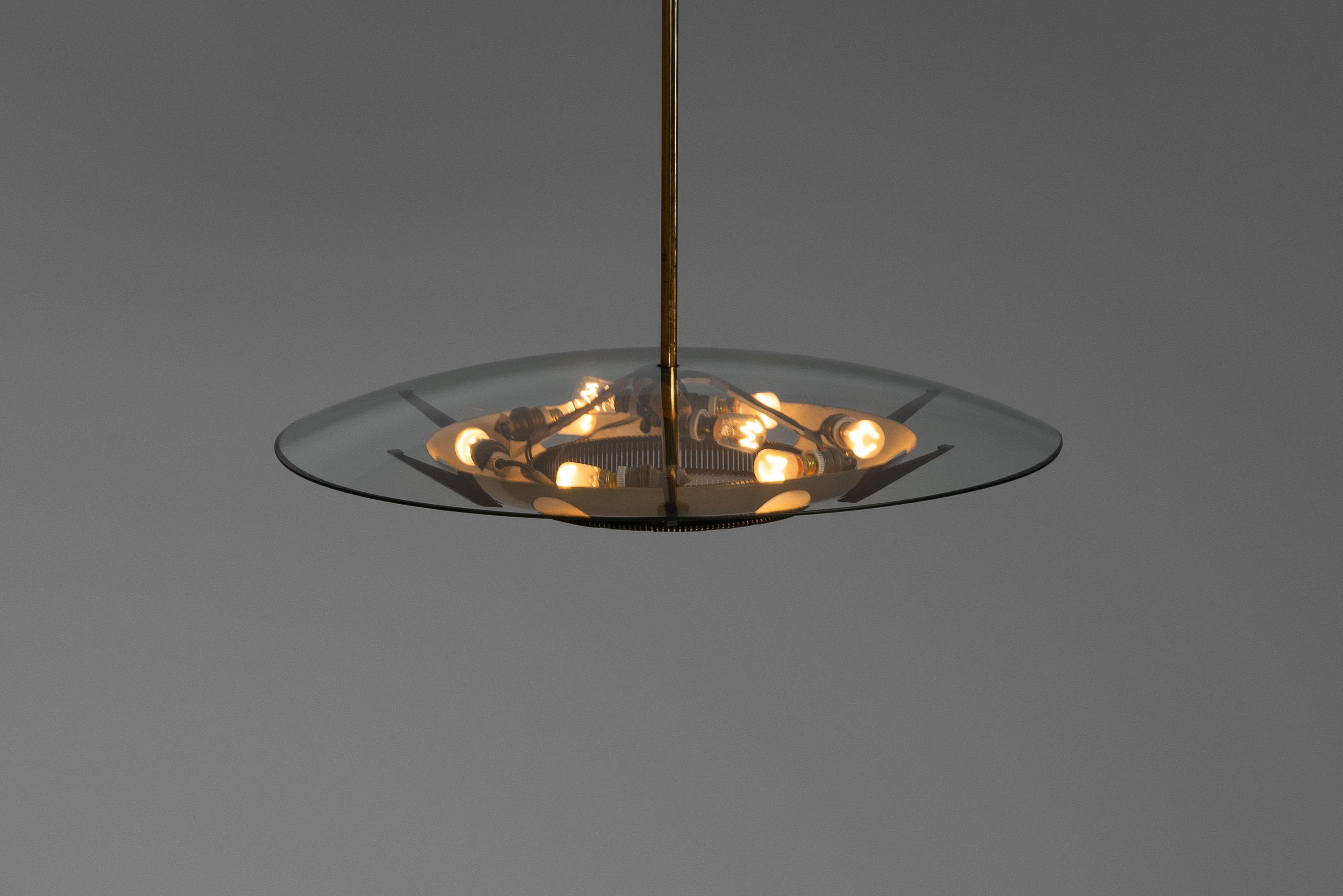 Stilnovo chandelier in glass and brass Italy 1960 For Sale 1