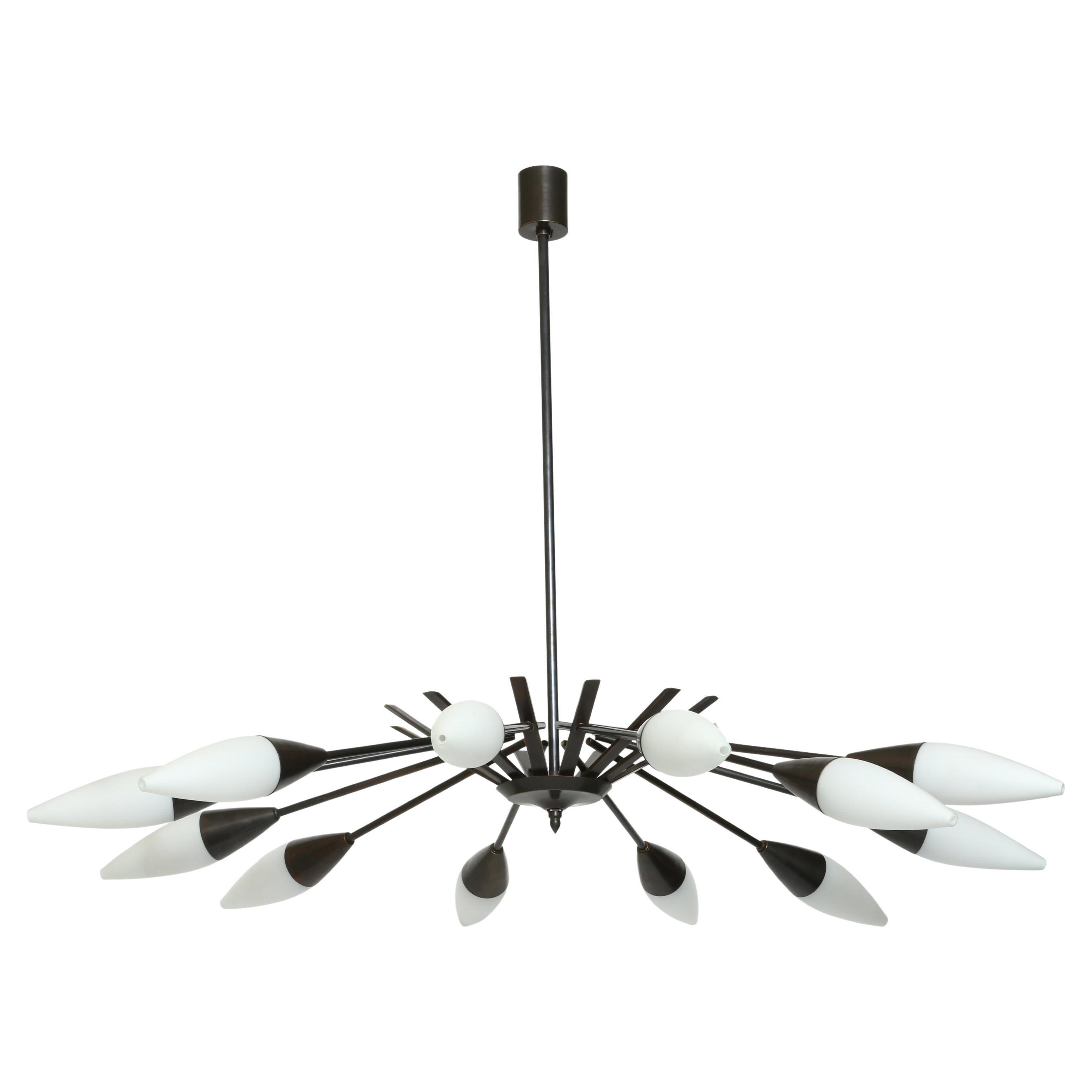 Stilnovo chandelier in opaline glass and patinated brass, Italy circa 1960s