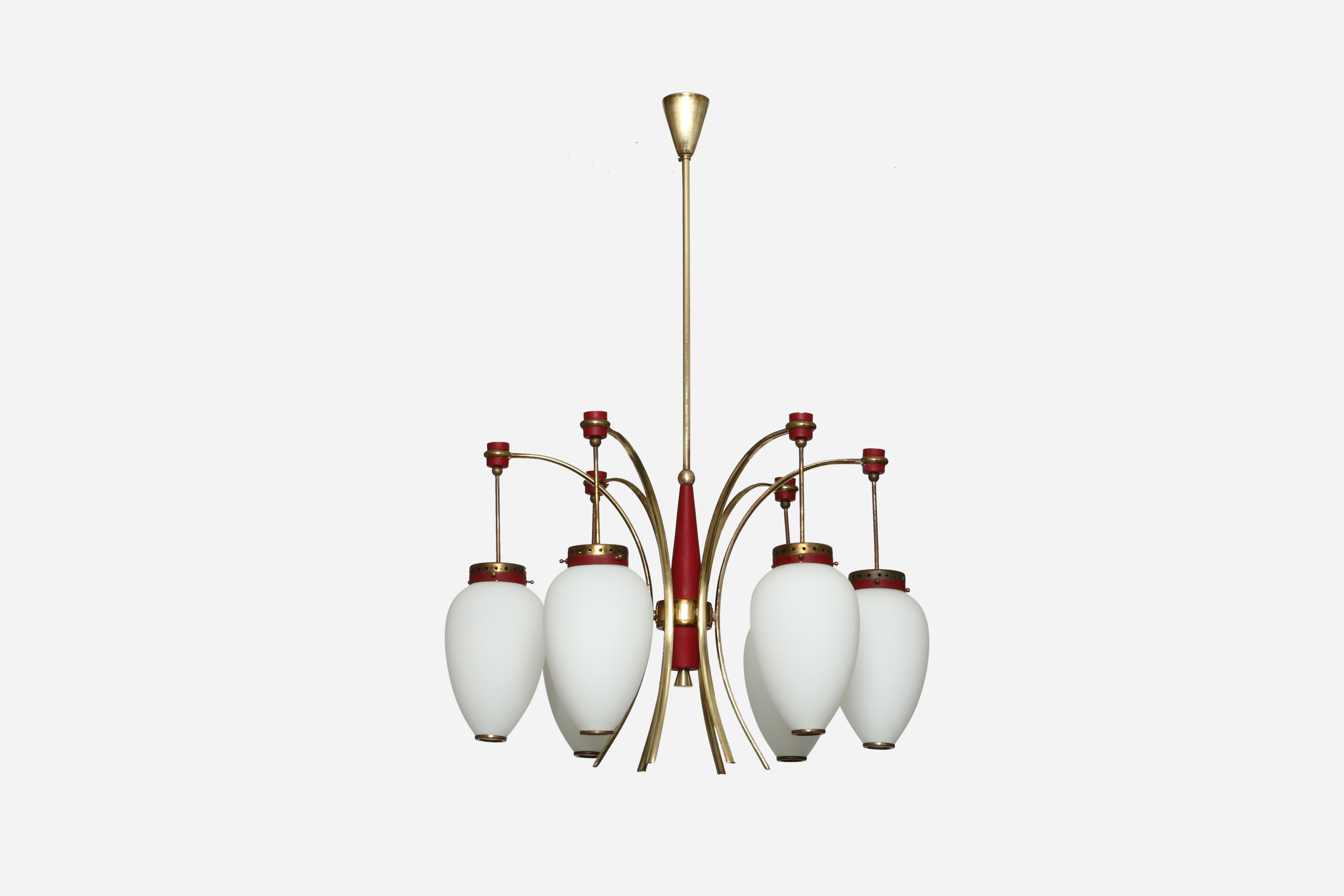 Lustre Stilnovo.
Conçu et fabriqué en Italie, années 1960
Verre opalin, laiton, métal émaillé
Six cloches en verre.
Accepte 6 ampoules candélabres.
Recâblage américain gratuit sur demande.
La hauteur (hauteur totale) est réglable, elle peut être