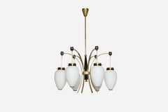Stilnovo Chandelier, Opaline Glass & Brass, Mid-Century Modern Italy