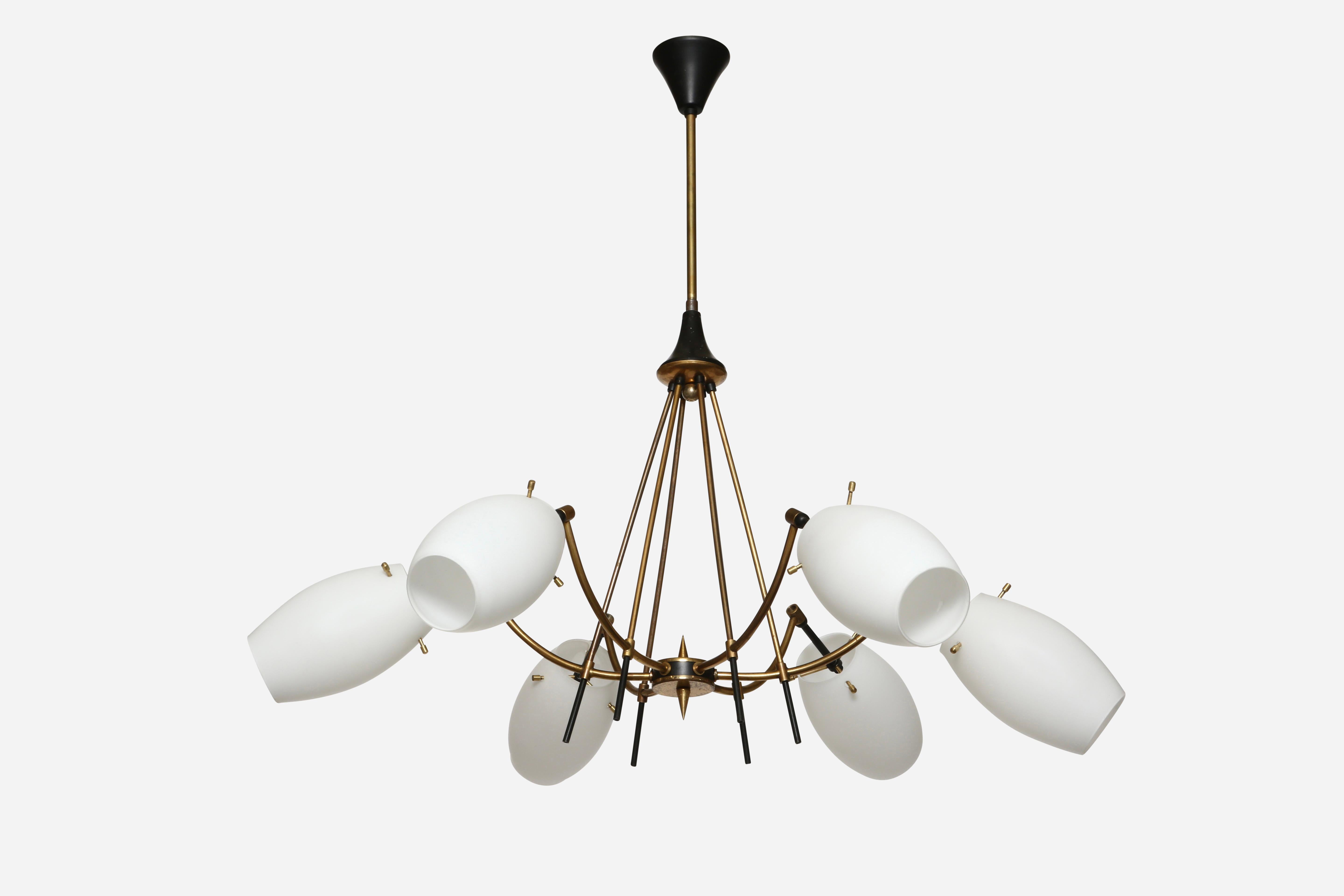 Stilnovo chandelier Italy circa 1960s
Six glass bells in opaline glass, brass, enameled metal.
Takes 6 candelabra bulbs.
Complimentary US rewiring upon request.
Price is for 1 chandelier.
2 chandeliers are available.
Overall drop ( height) is