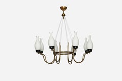 Stilnovo Chandelier, Opaline Glass & Brass, Mid-Century Modern Italy