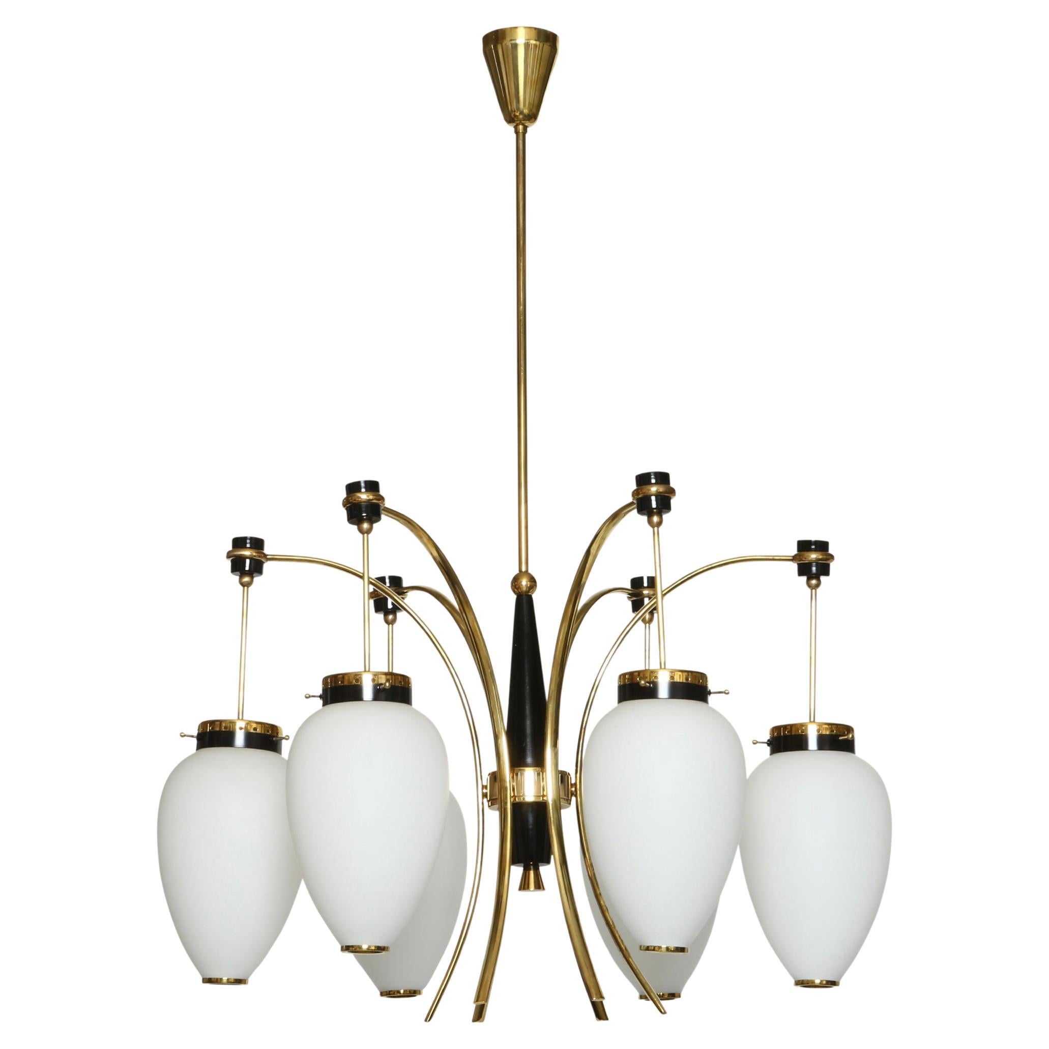 Stilnovo Chandelier, Mid-Century Modern Opaline Glass & Brass, 1960s