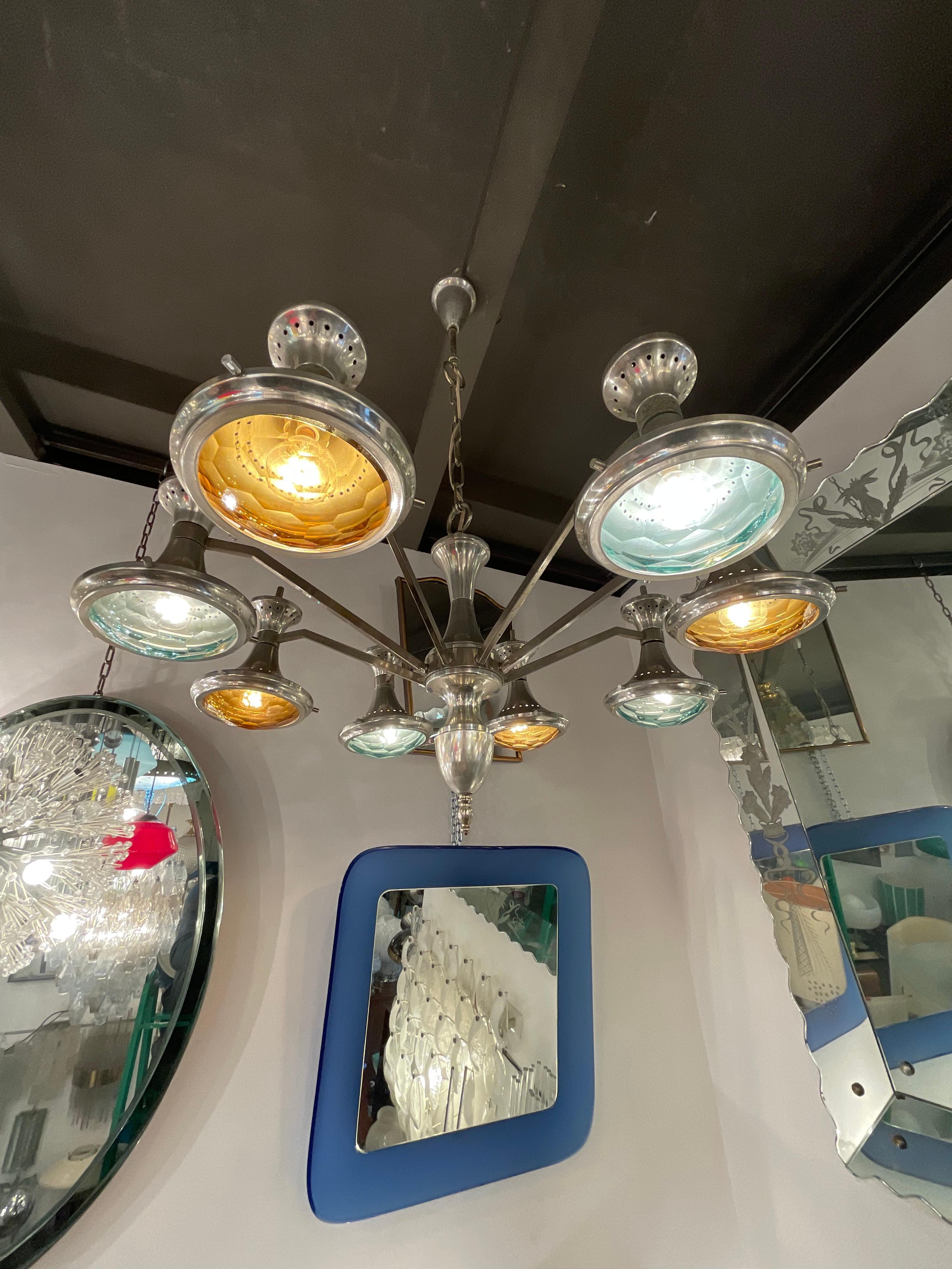 Italian Stilnovo Chandelier Metal Crome Colored Faceted Glass 1950 Italy  For Sale