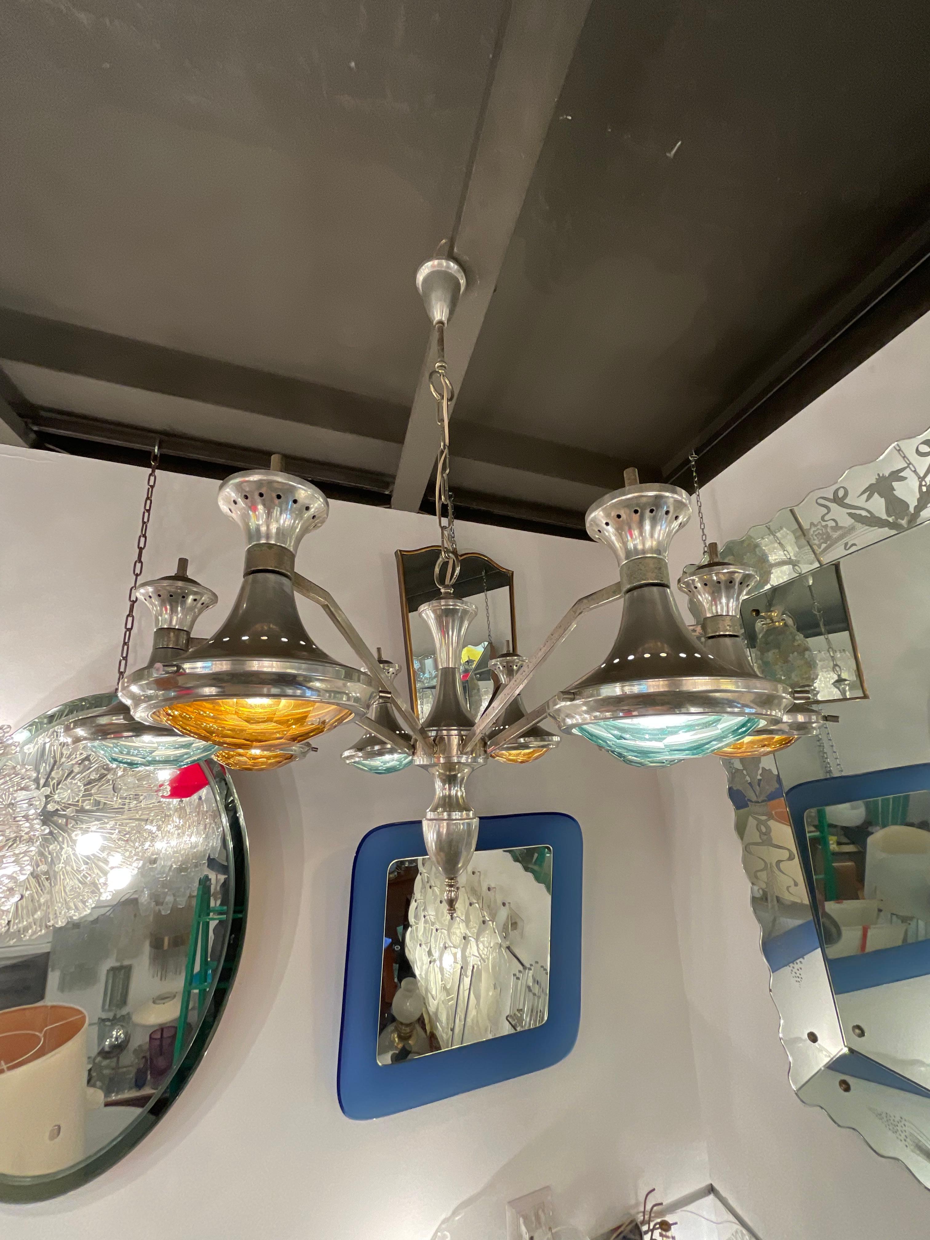 Other Stilnovo Chandelier Metal Crome Colored Faceted Glass 1950 Italy  For Sale