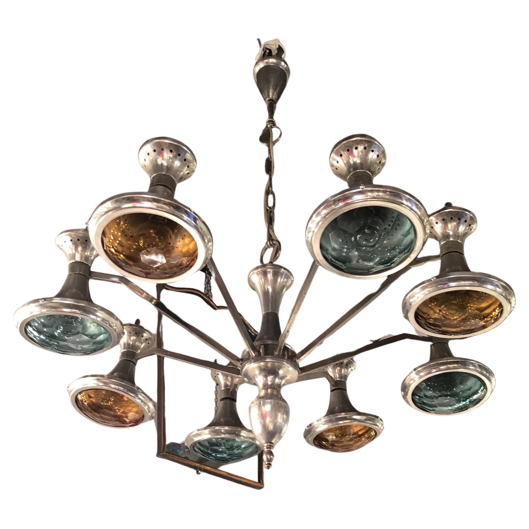 Stilnovo Chandelier Metal Crome Colored Faceted Glass 1950 Italy 