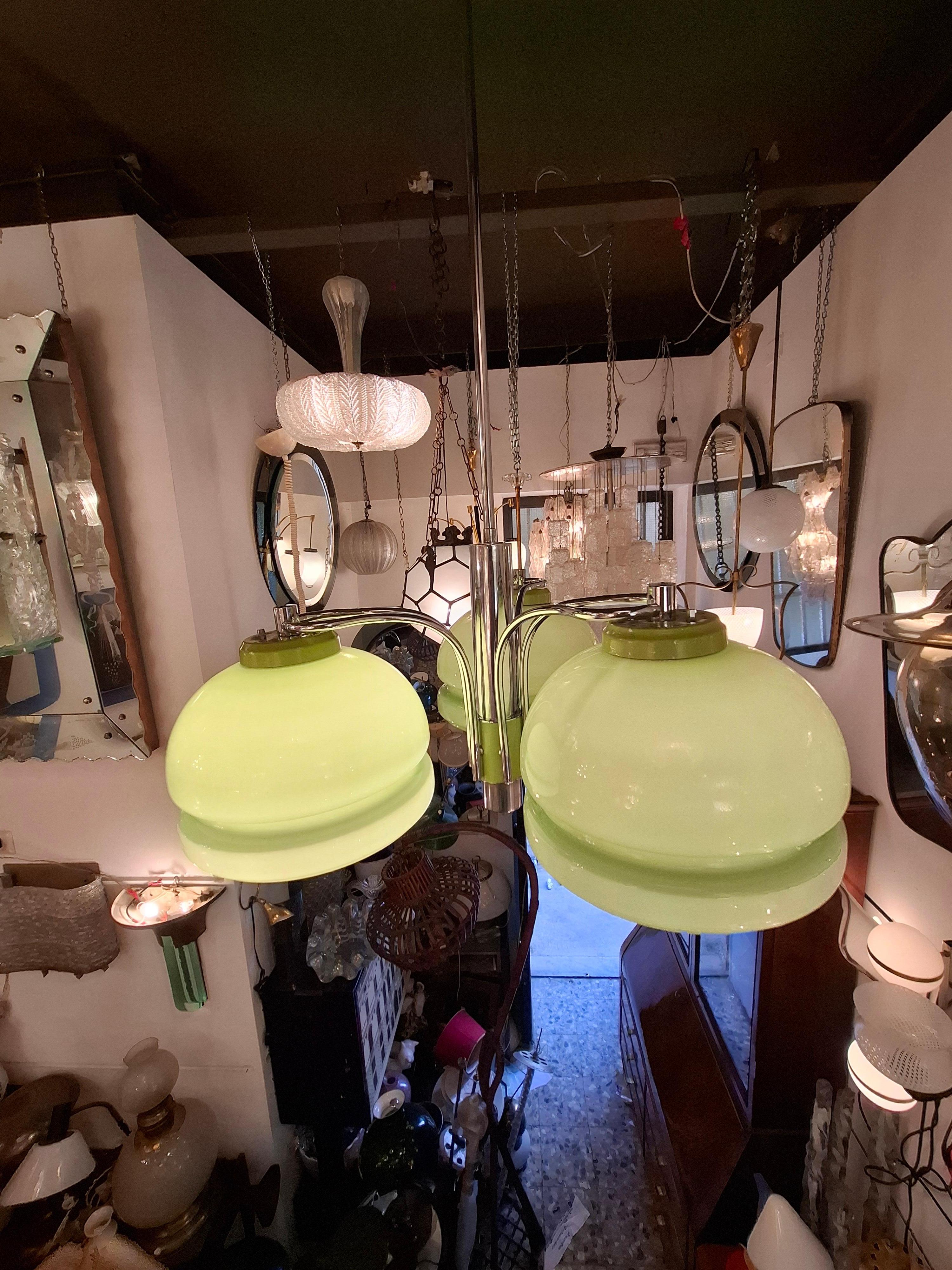 STILNOVO CHANDELIER N tre luci vetro incamiciato metallo Cromato 1960 Italien im Angebot 11