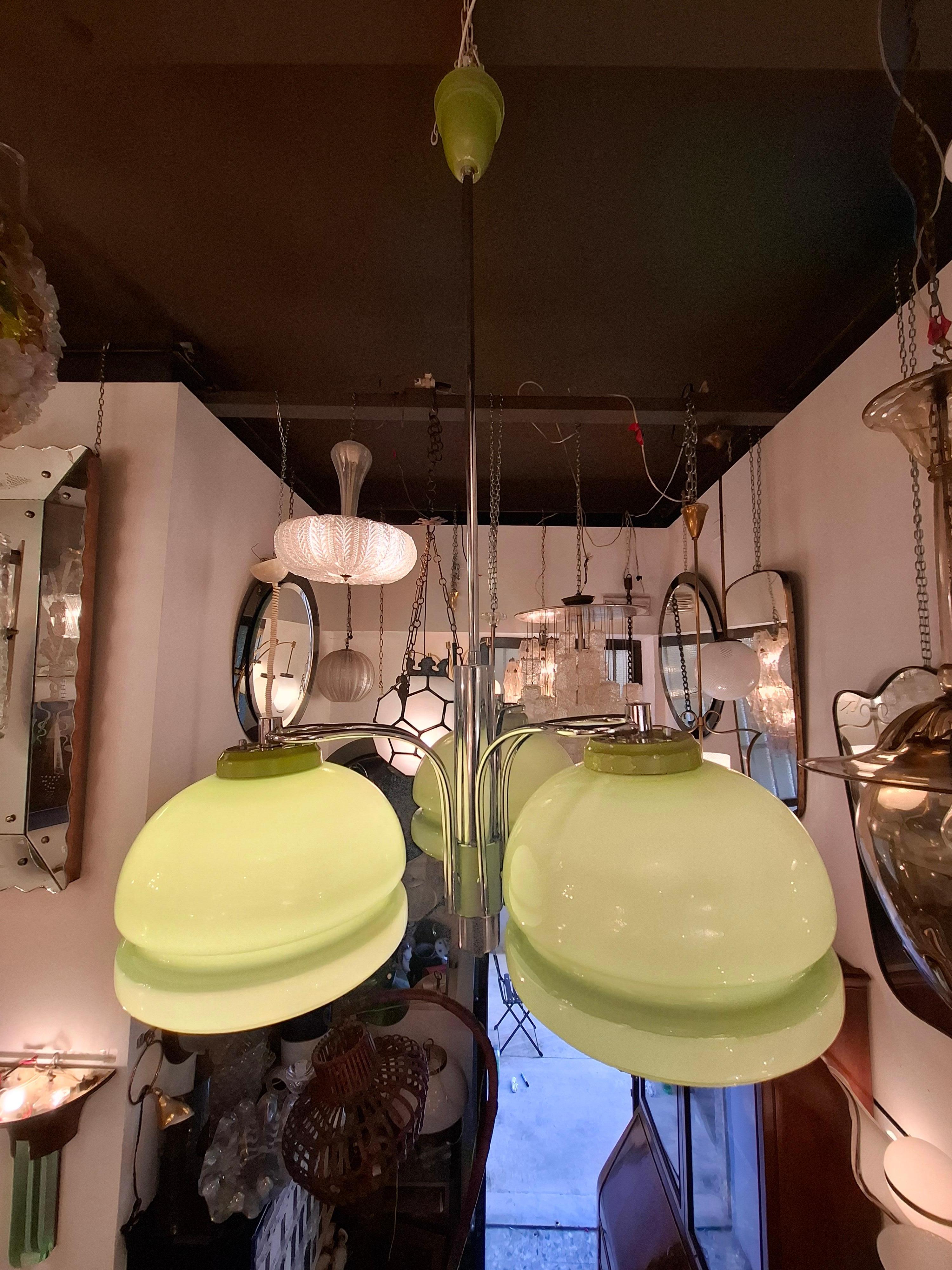 STILNOVO CHANDELIER N tre luci vetro incamiciato metallo Cromato 1960 Italien im Angebot 13