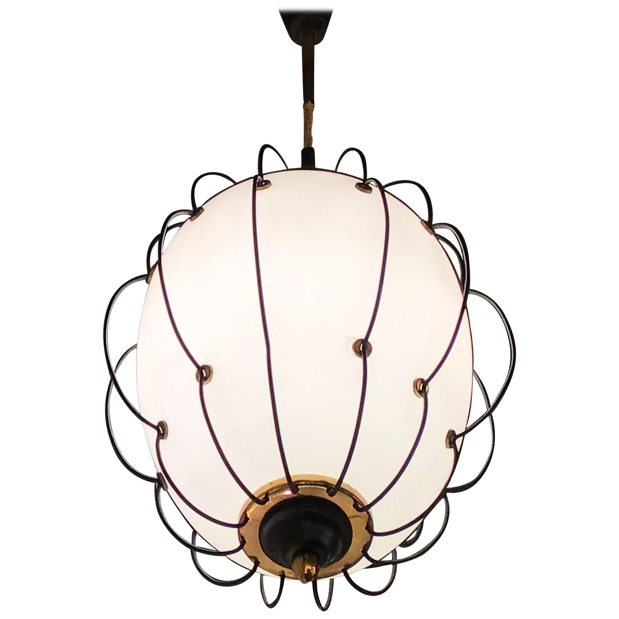 Stilnovo Chandelier Opaline Glass Brass Iron, 1955, Italy