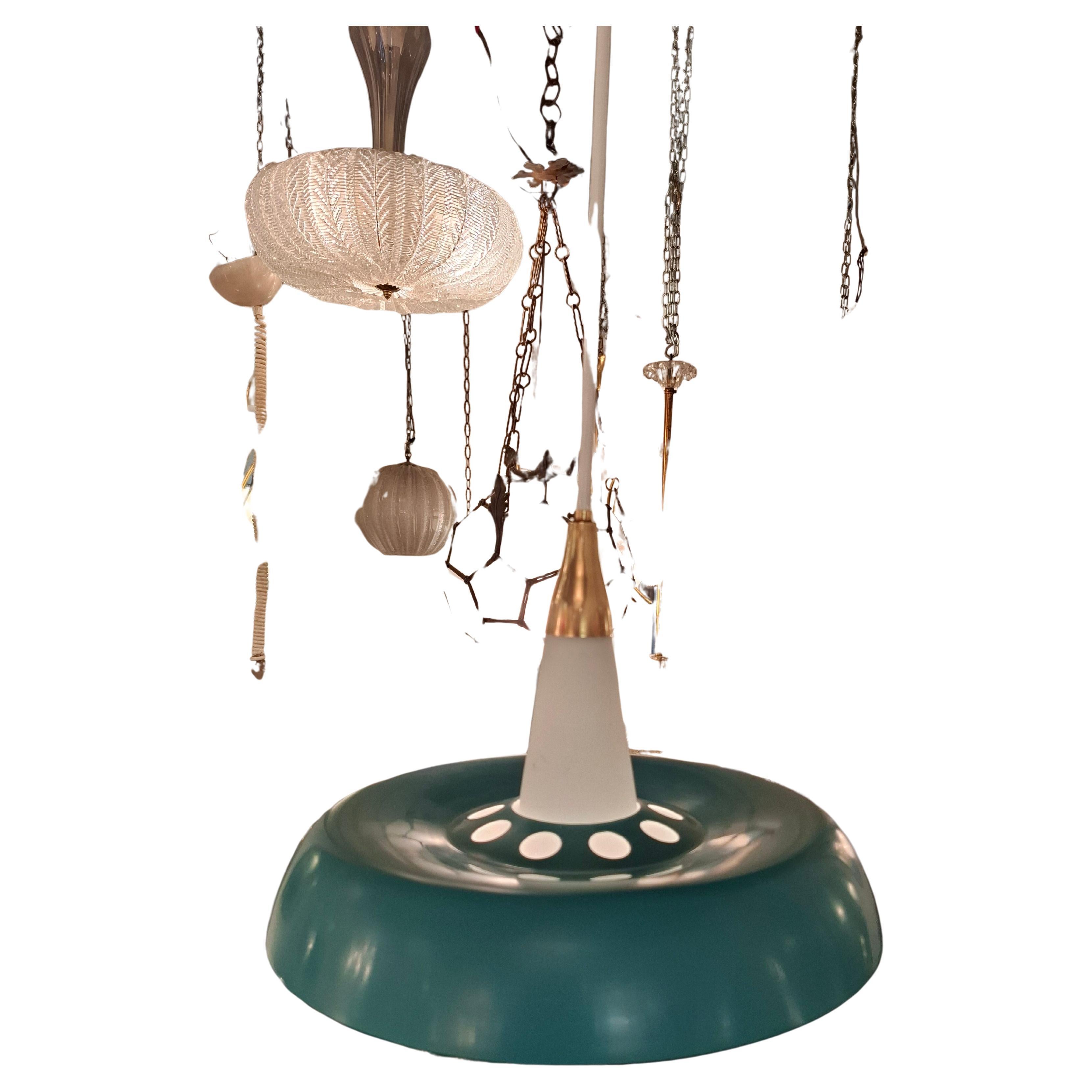STILNOVO CHANDELIER OPALINeGLASS BRASS METAL 1950 ITALY
