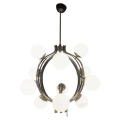 Stilnovo Chandelier Polished Brass Lacquered Metal Satin Balls, Italy, 1960