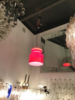 Stilnovo Chandelier Red Opaline Glass Metal Crome, 1965, Italy