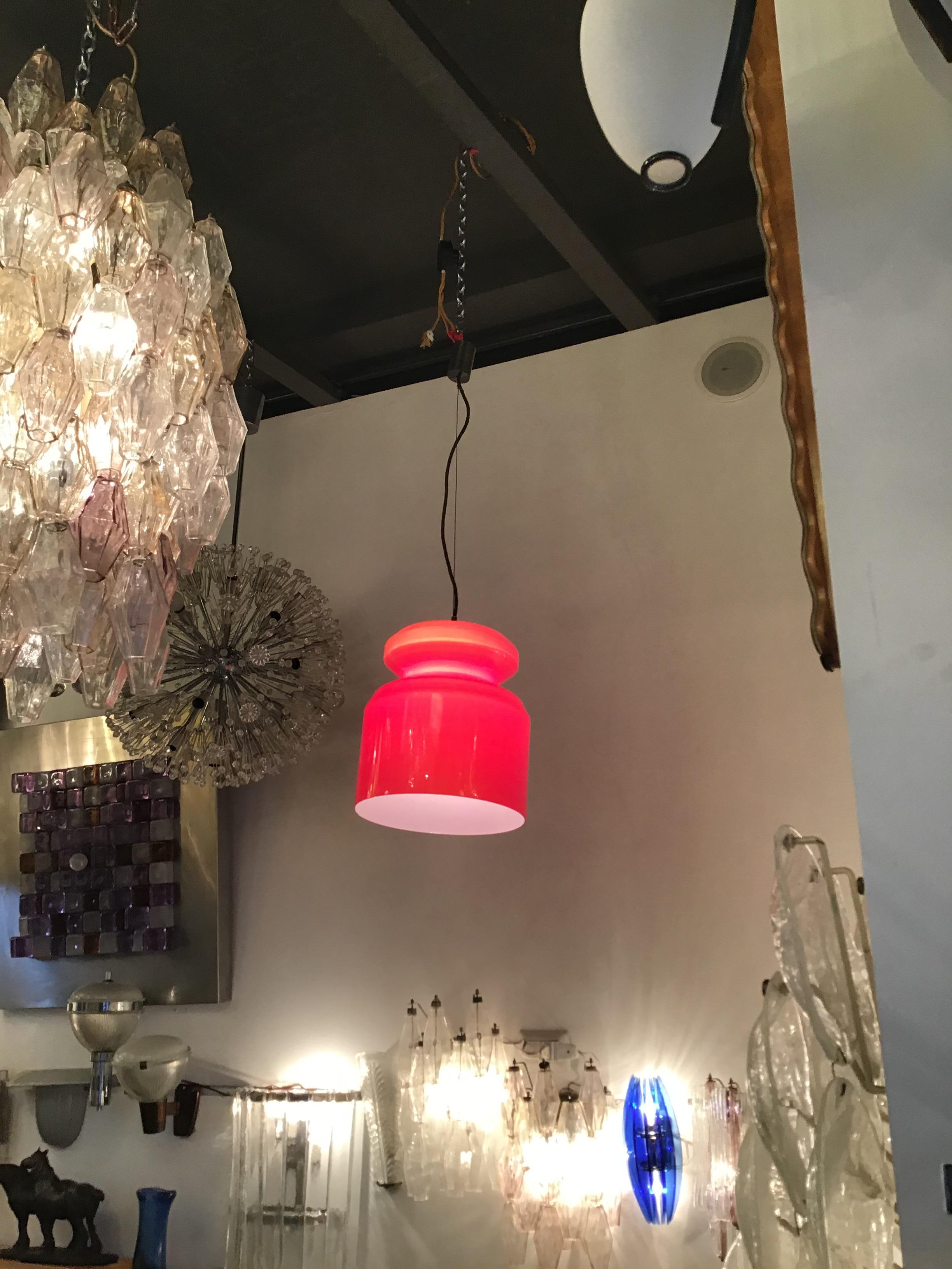 Italian Stilnovo Chandelier Red Opaline Glass Metal Crome, 1965, Italy For Sale