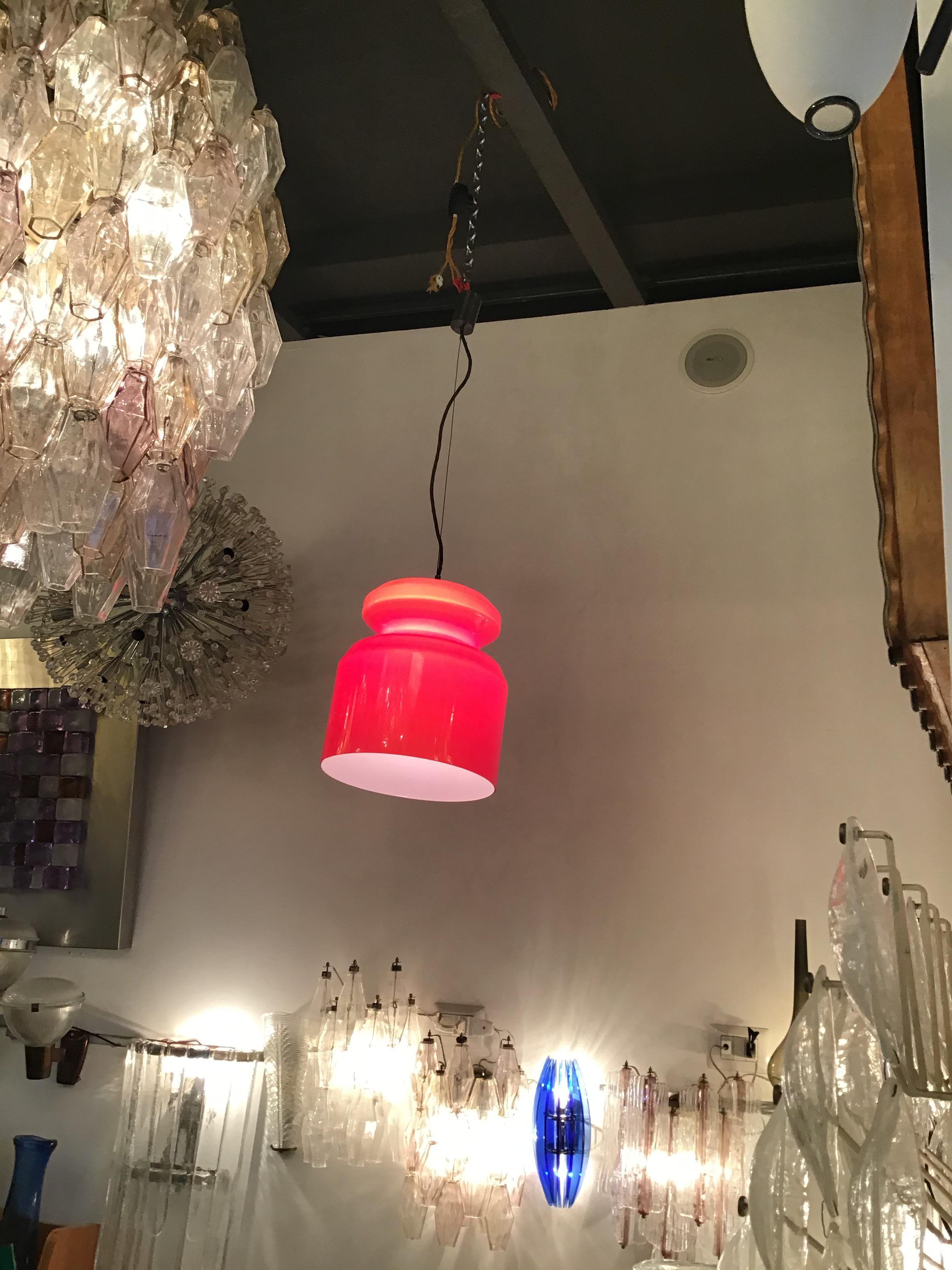 Stilnovo Chandelier Red Opaline Glass Metal Crome, 1965, Italy In Excellent Condition For Sale In Milano, IT
