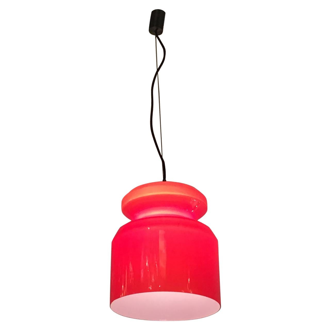 Stilnovo Chandelier Red Opaline Glass Metal Crome, 1965, Italy