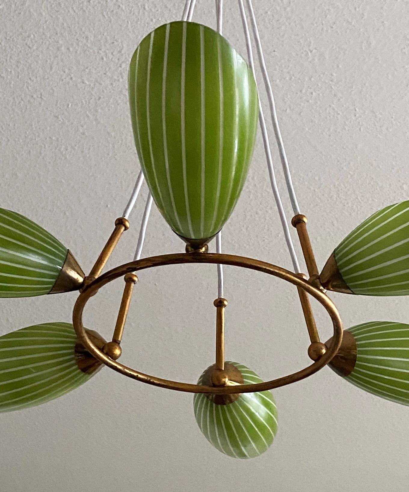Stilnovo Chandelier Six Green and White Glass Tulips Brass Mounted, Italy, 1950s For Sale 7
