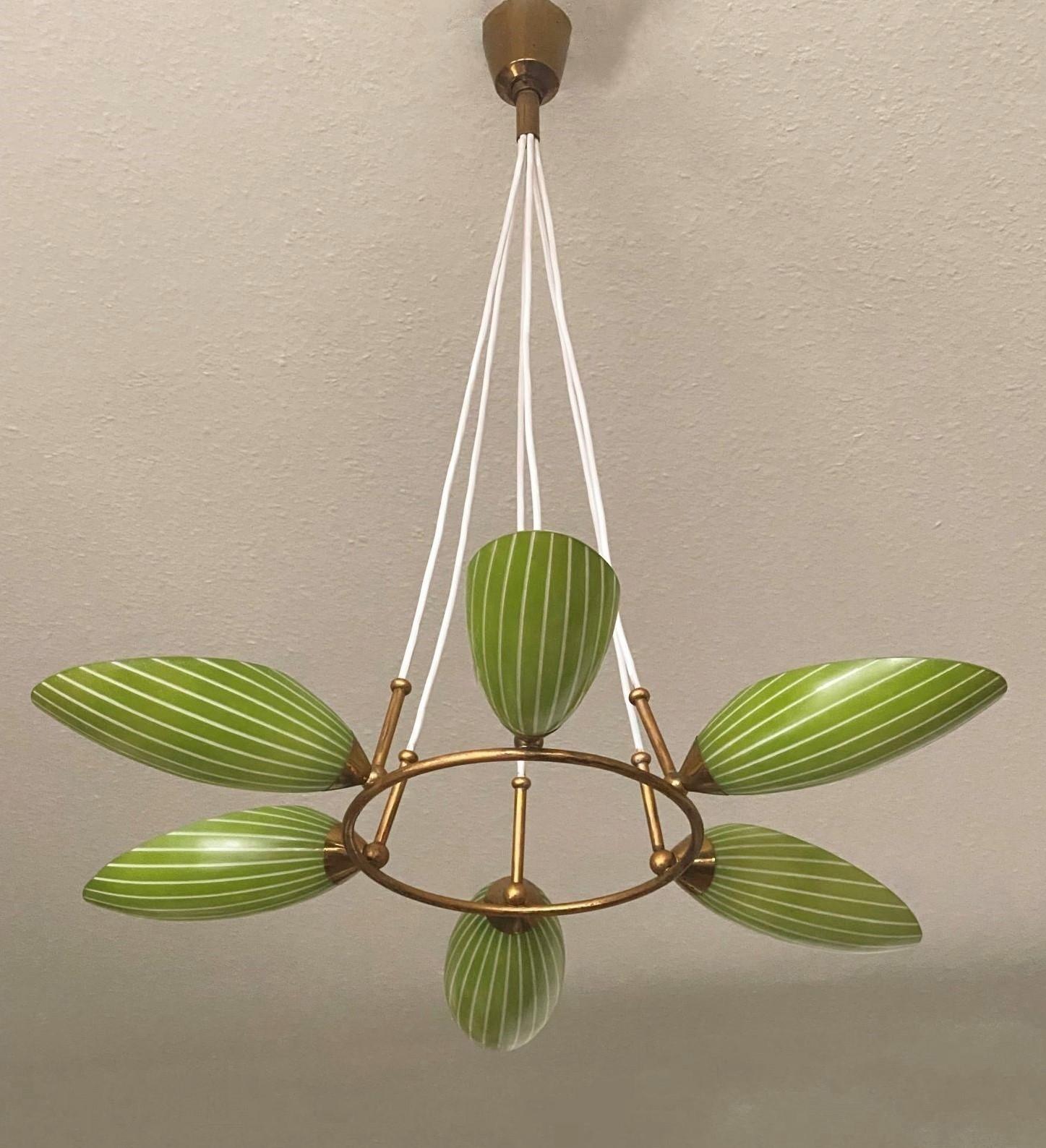 A rare Stilnovo brass and glass six-light chandelier, Italy 1950s. Elegant design in Mid-Century style with green white striped glass orizontal tulips. This wonderful piece is is fine vintage condition, glass without damages, brass with some wear