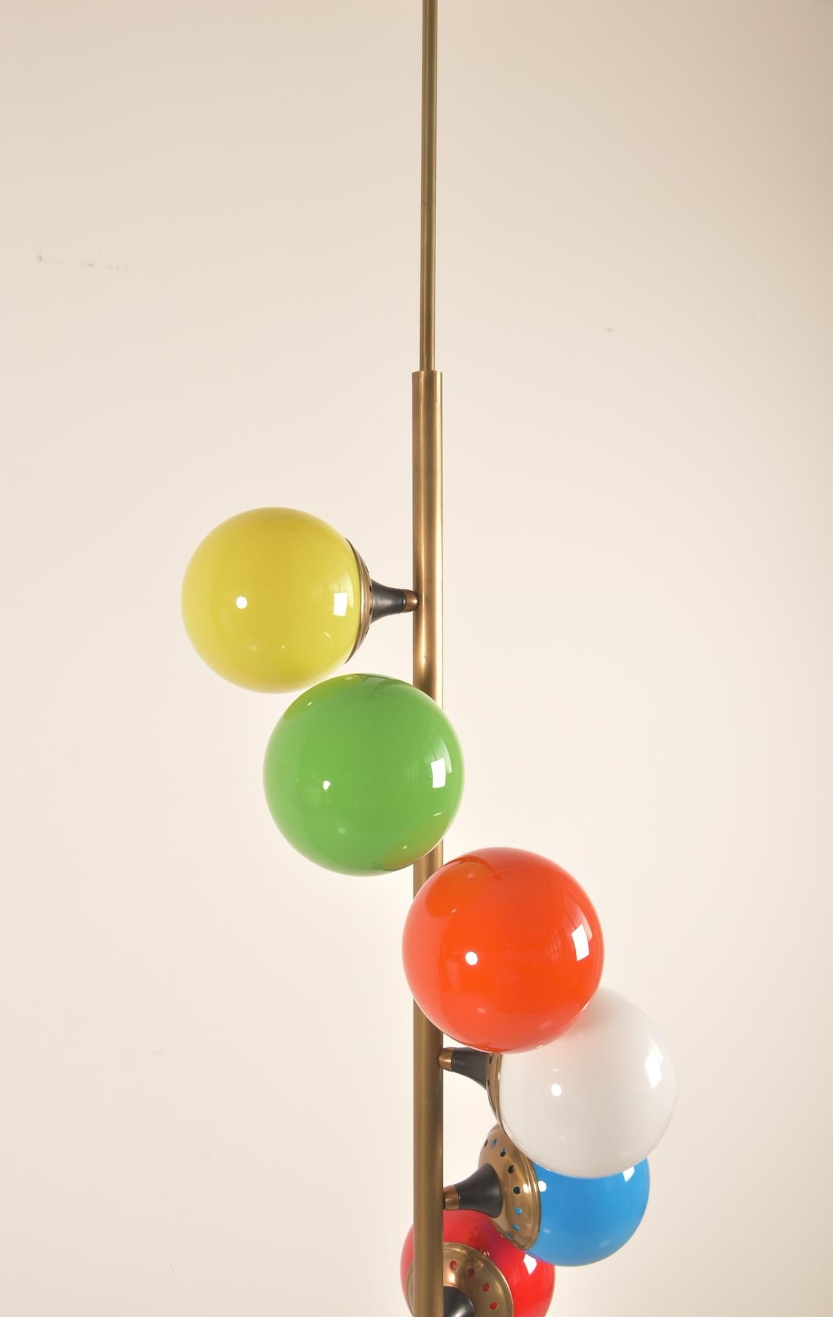 Stilnovo Chandelier Six Lights Brass Signed Colored Glass 1950, Italian In Good Condition In Rovereta, SM