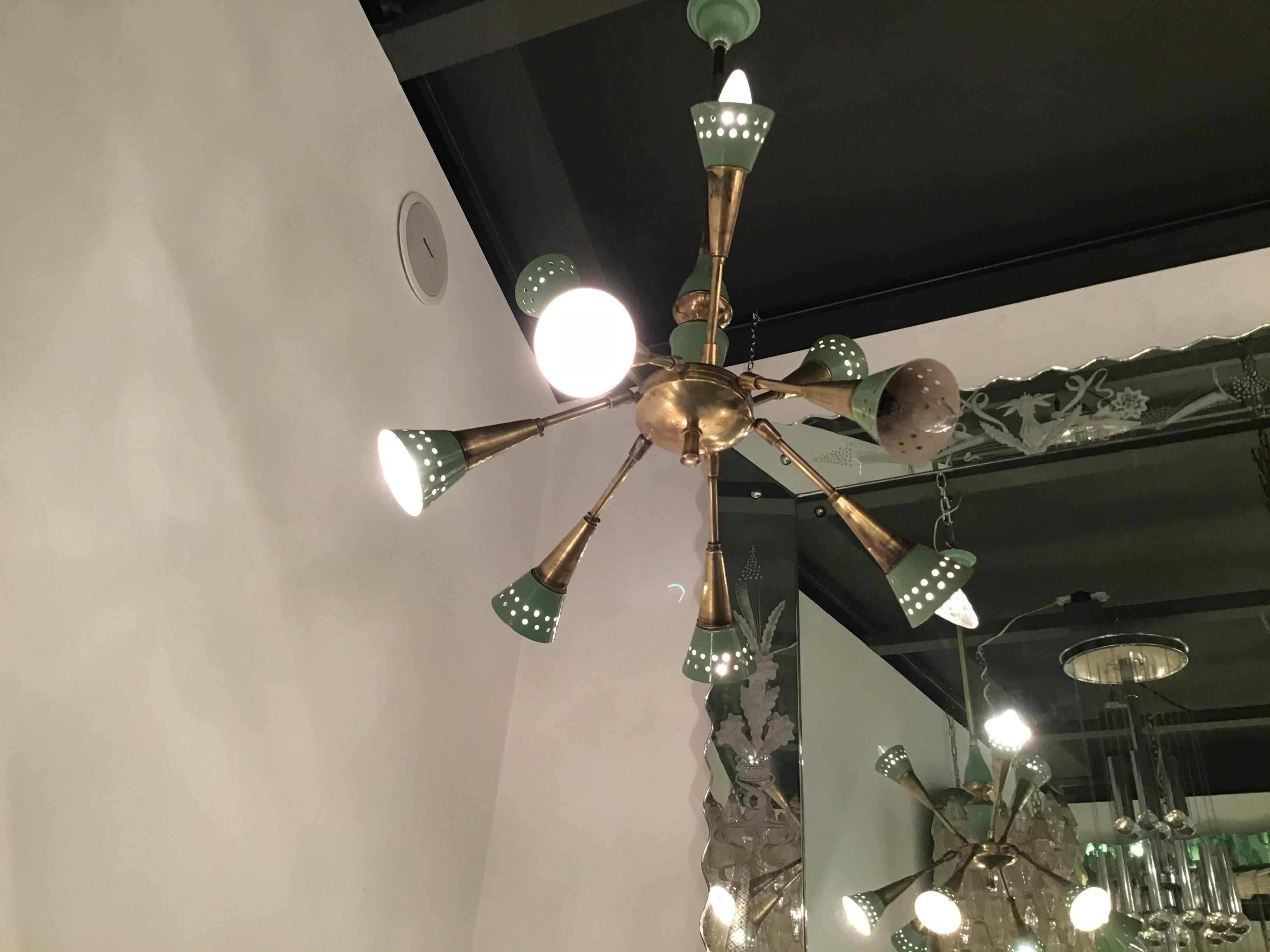 Other Stilnovo Style Chandelier with 9 Adjustable Lights Brass Metal, 1955, Italy For Sale