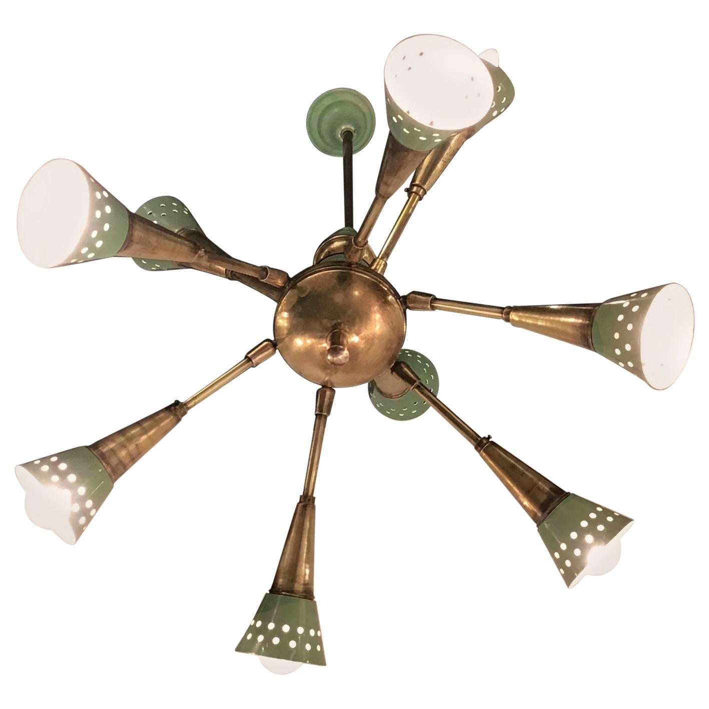 Stilnovo Style Chandelier with 9 Adjustable Lights Brass Metal, 1955, Italy For Sale