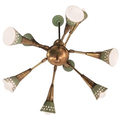 Retro Stilnovo Style Chandelier with 9 Adjustable Lights Brass Metal, 1955, Italy