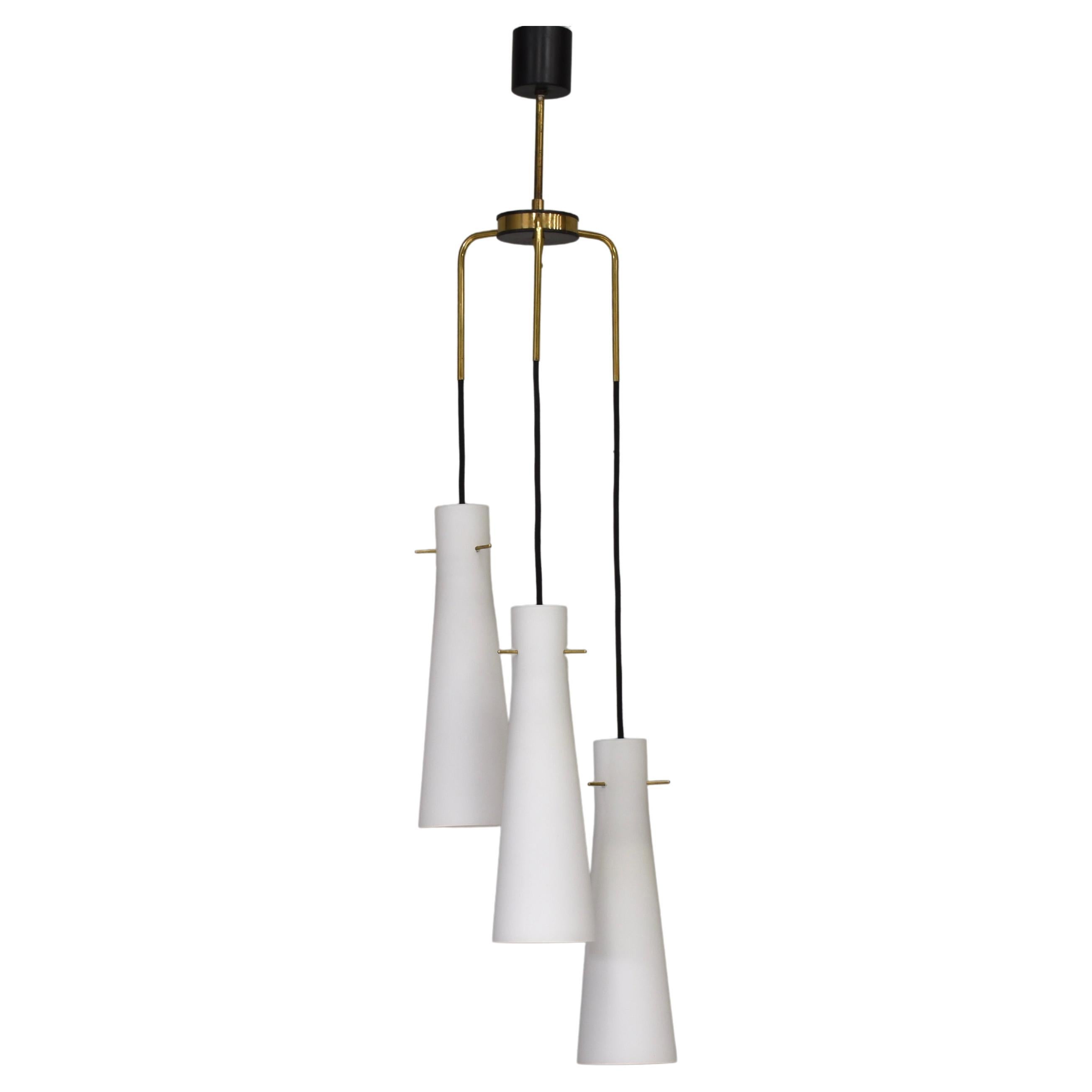 Stilnovo Chandelier with Opaline Glass Shades and Brass – Italy, circa 1950 For Sale