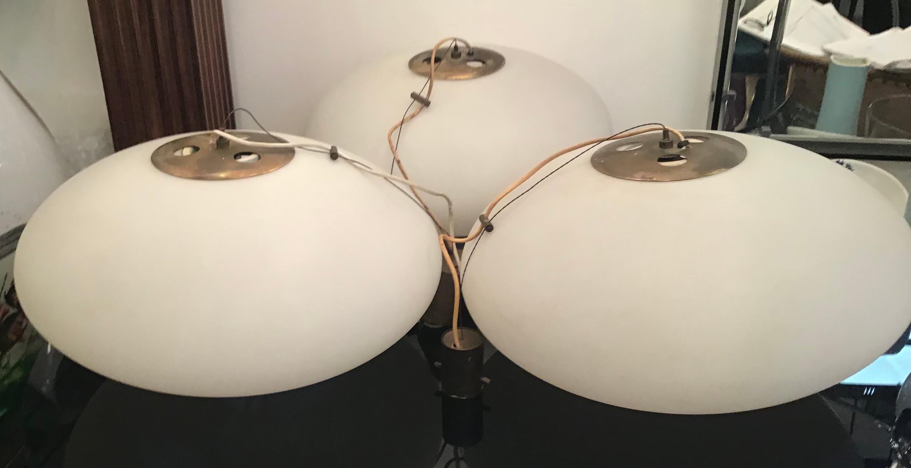 Other Stilnovo Chandeliers “Cianbella” Brass Opaline Glass 1950 Italy For Sale