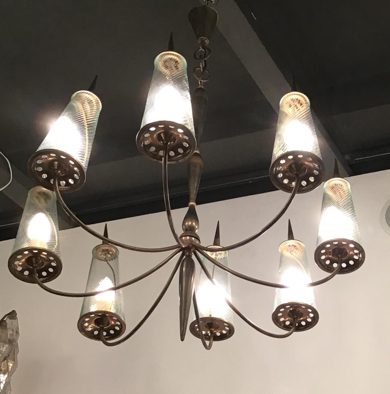 Coppia di Chandler in ottone e vetro a 8 luci, Italia, attribuito a Stilnovo circa 1948 in vendita 4