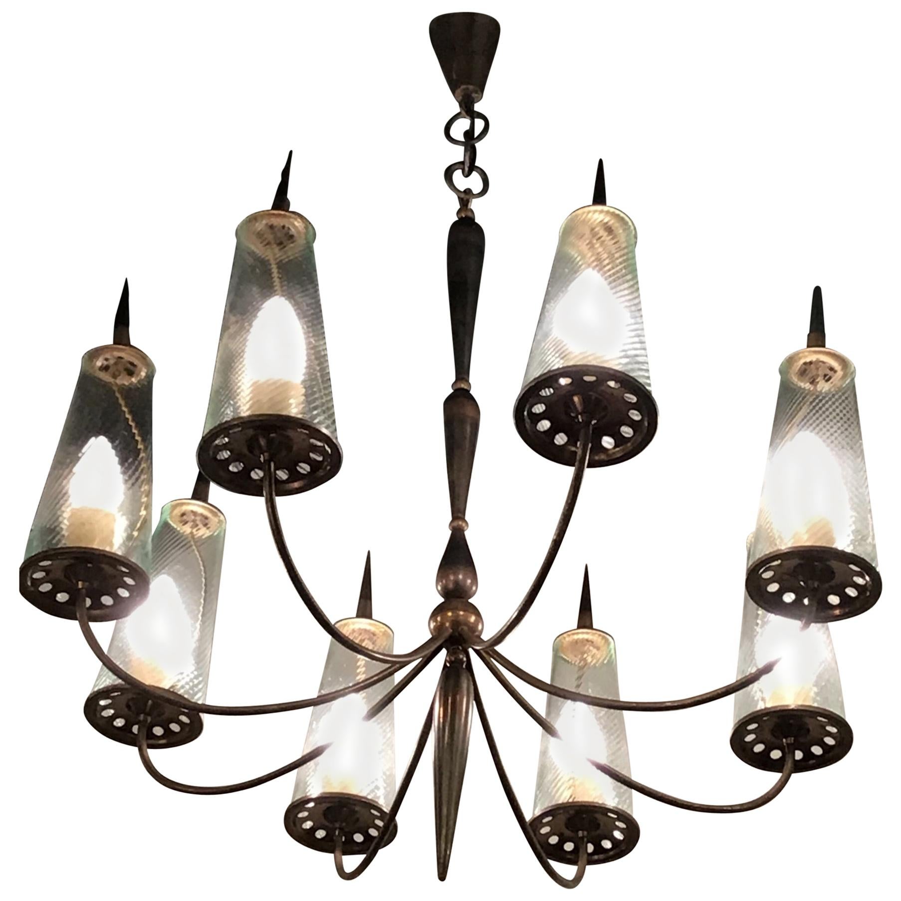  Couple Chandlers Brass Glass 8 lights, Italy, attributed to Stilnovo circa 1948 For Sale