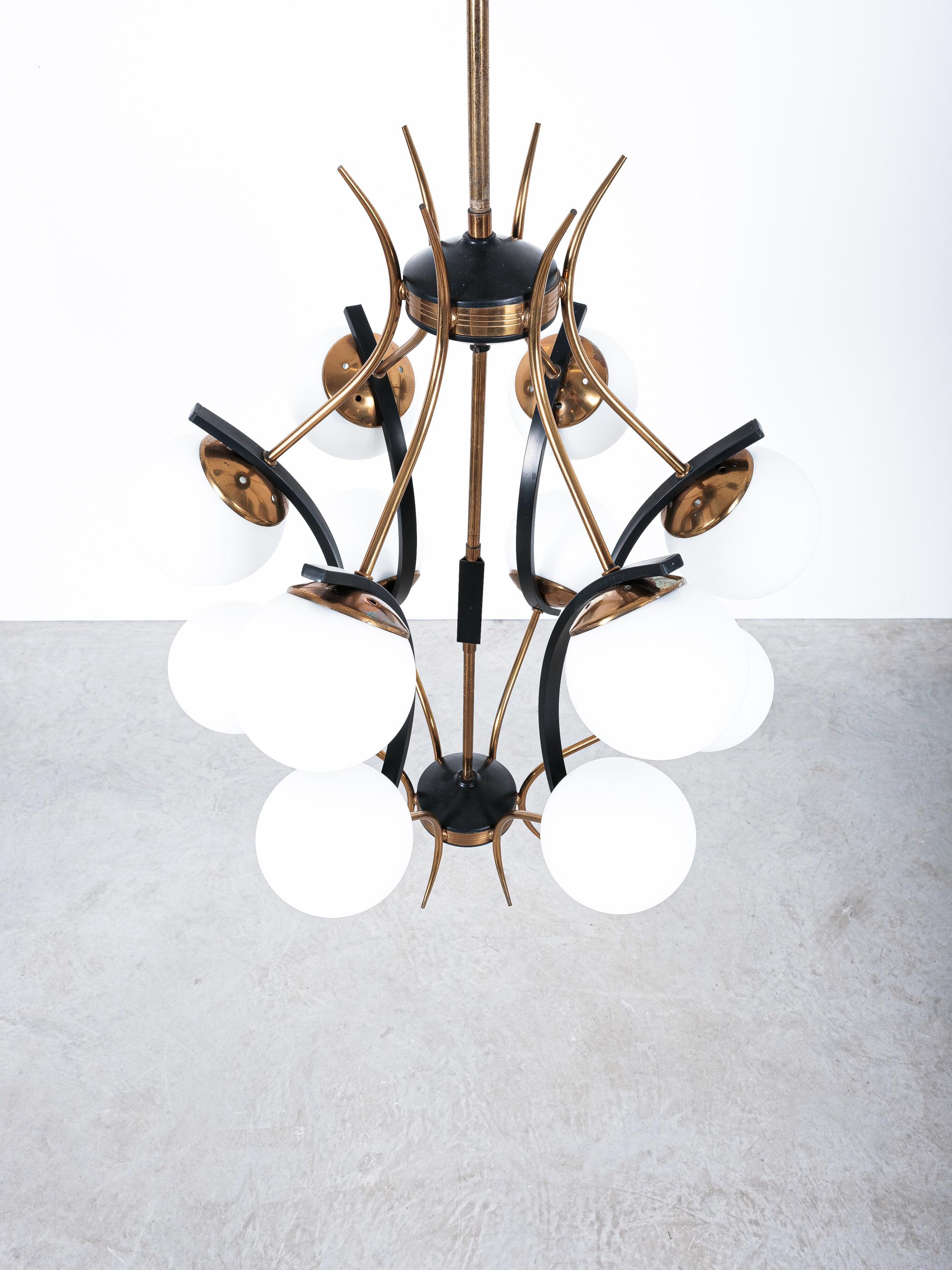 Italian Stilnovo Chiarini Chandelier Opaline Glass Black Brass Orbit, Italy, 1950 For Sale