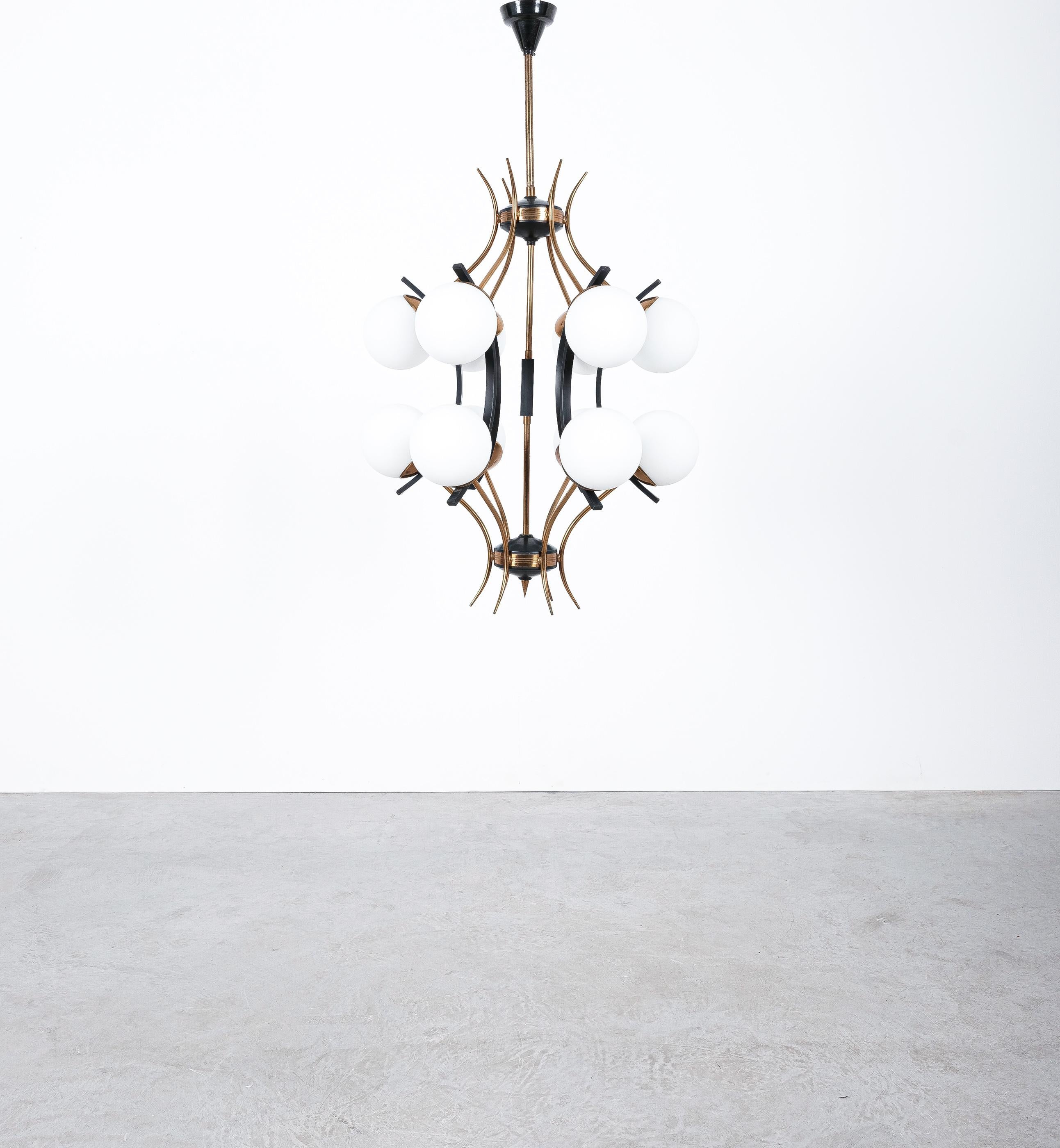 Mid-20th Century Stilnovo Chiarini Chandelier Opaline Glass Black Brass Orbit, Italy, 1950 For Sale