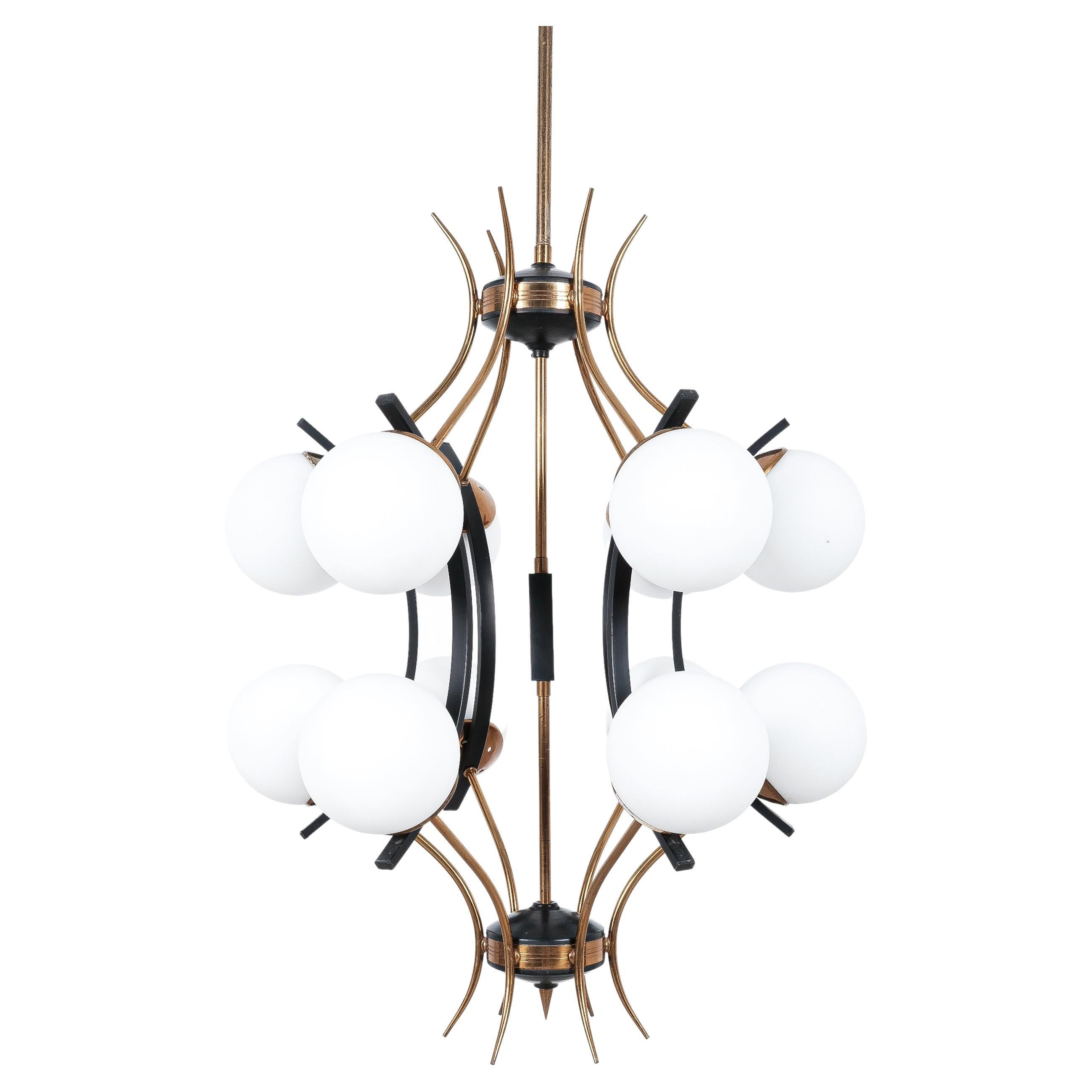 Stilnovo Chiarini Chandelier Opaline Glass Black Brass Orbit, Italy, 1950