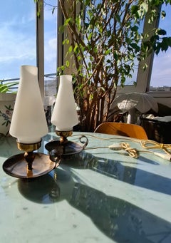 STILNOVO COPPIA LAMPADE DA TAVoLO FIRMATE OTTONE E VETRO OPALE 1950 ITALY