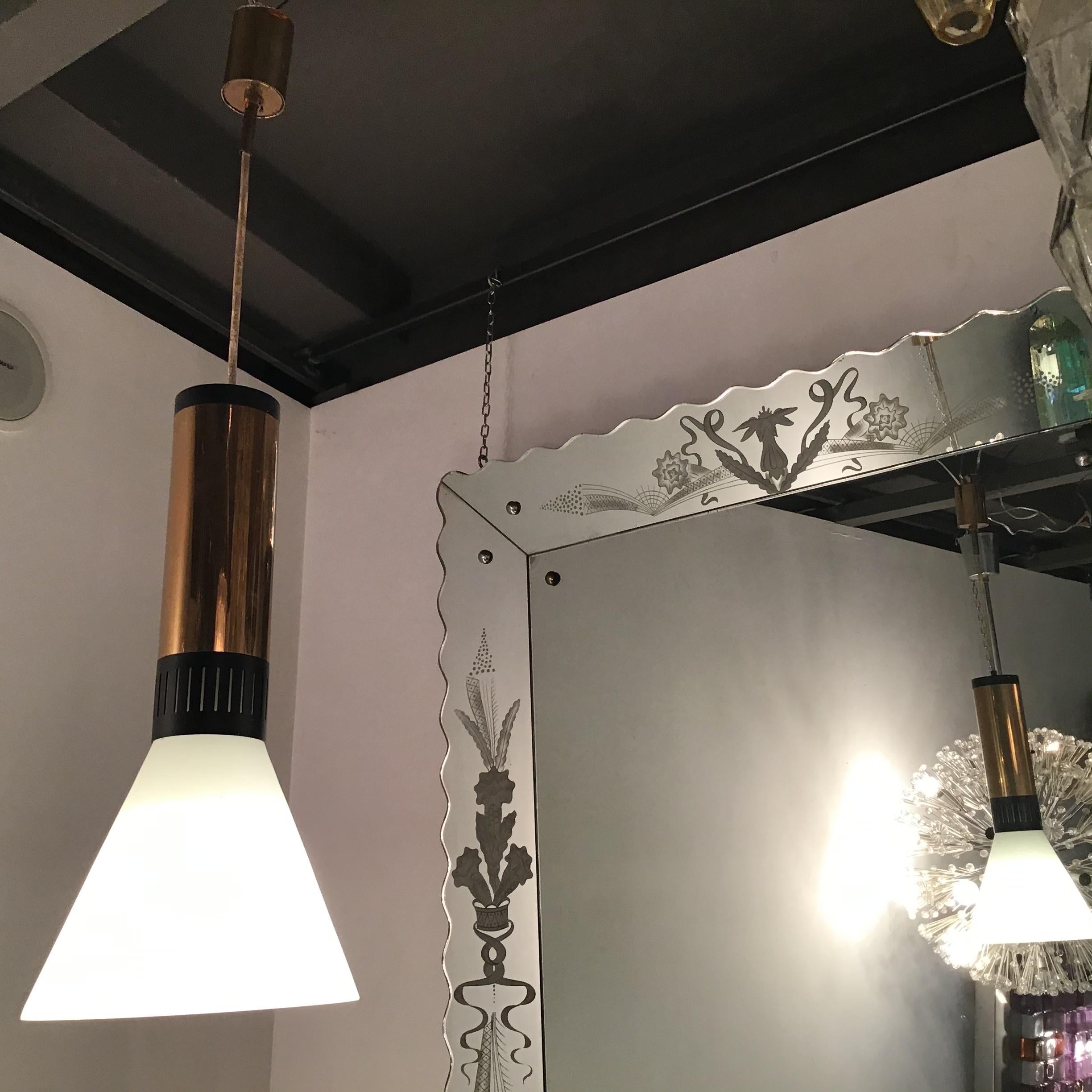 Stilnovo Couple Chandeliers Brass Opaline Glass, 1950, Italy In Excellent Condition For Sale In Milano, IT