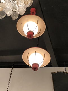 Stilnovo Couple Chandeliers Glass Metal Brass, 1950, Italy