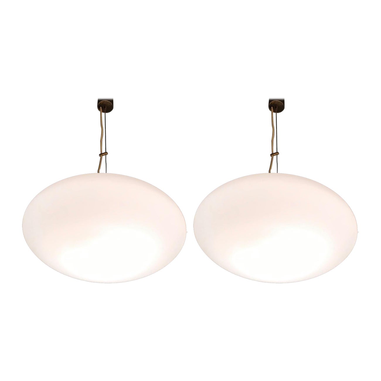 Stilnovo Couple Chandeliers Opaline Glass Brass, 1950, Italy