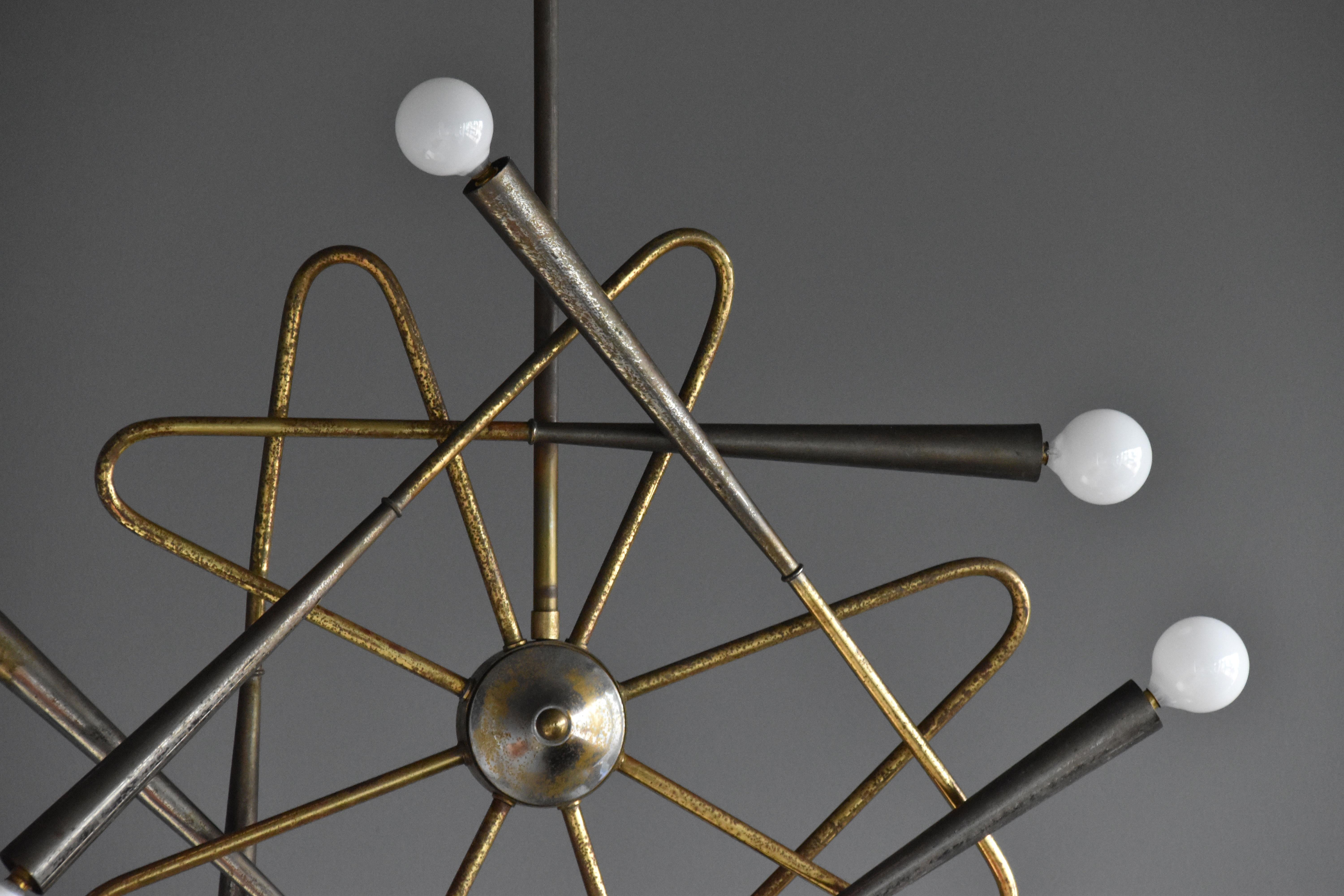 Stilnovo, Eight-Armed Modernist Chandelier or Ceiling Lamp, Brass, Italy, 1950s In Fair Condition In High Point, NC