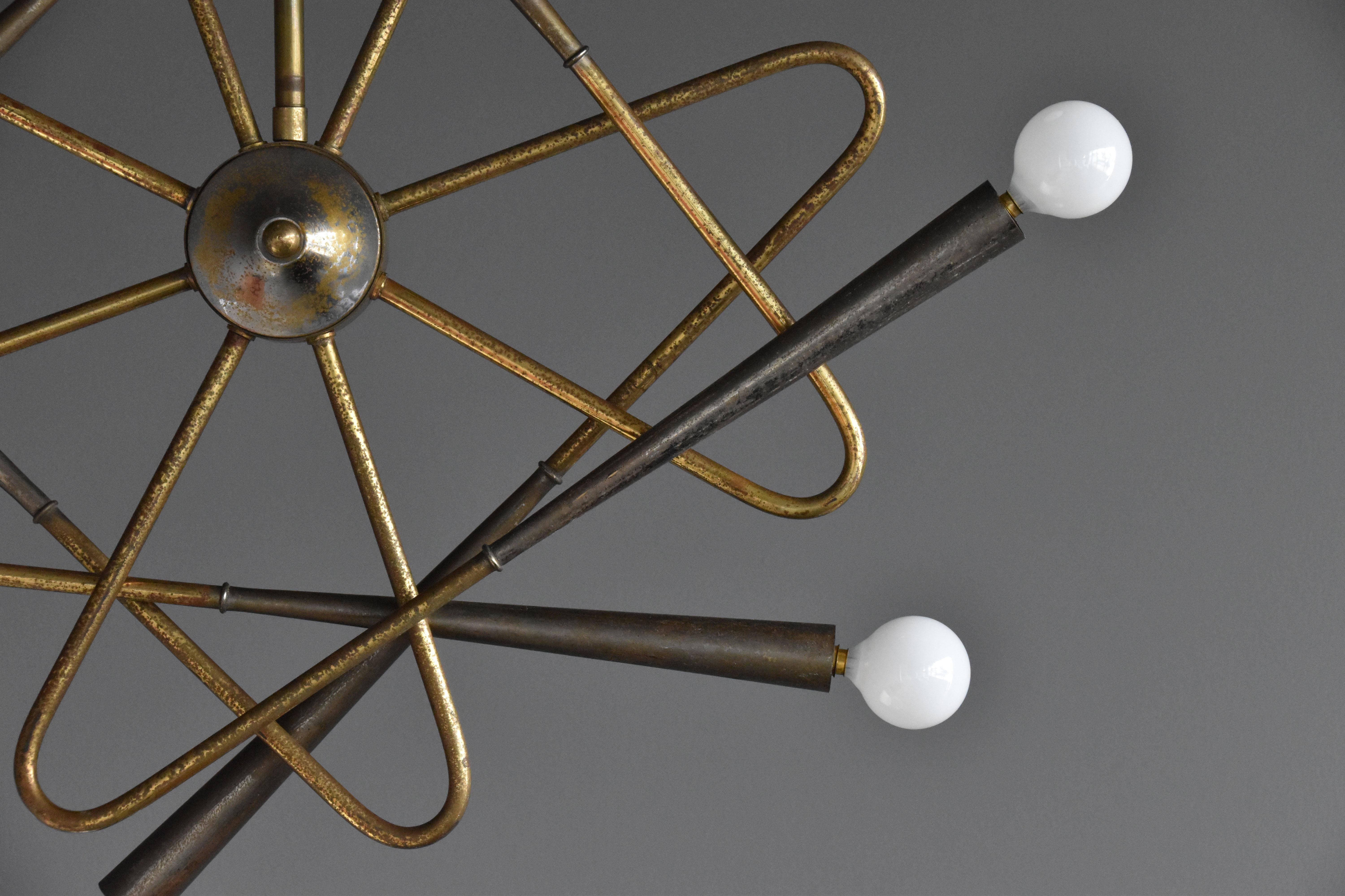 Stilnovo, Eight-Armed Modernist Chandelier or Ceiling Lamp, Brass, Italy, 1950s 1