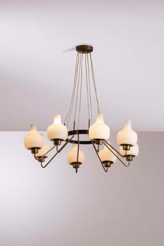 Stilnovo Eight-Light Brass and Opaline Glass Chandelier, Italy, 1950s