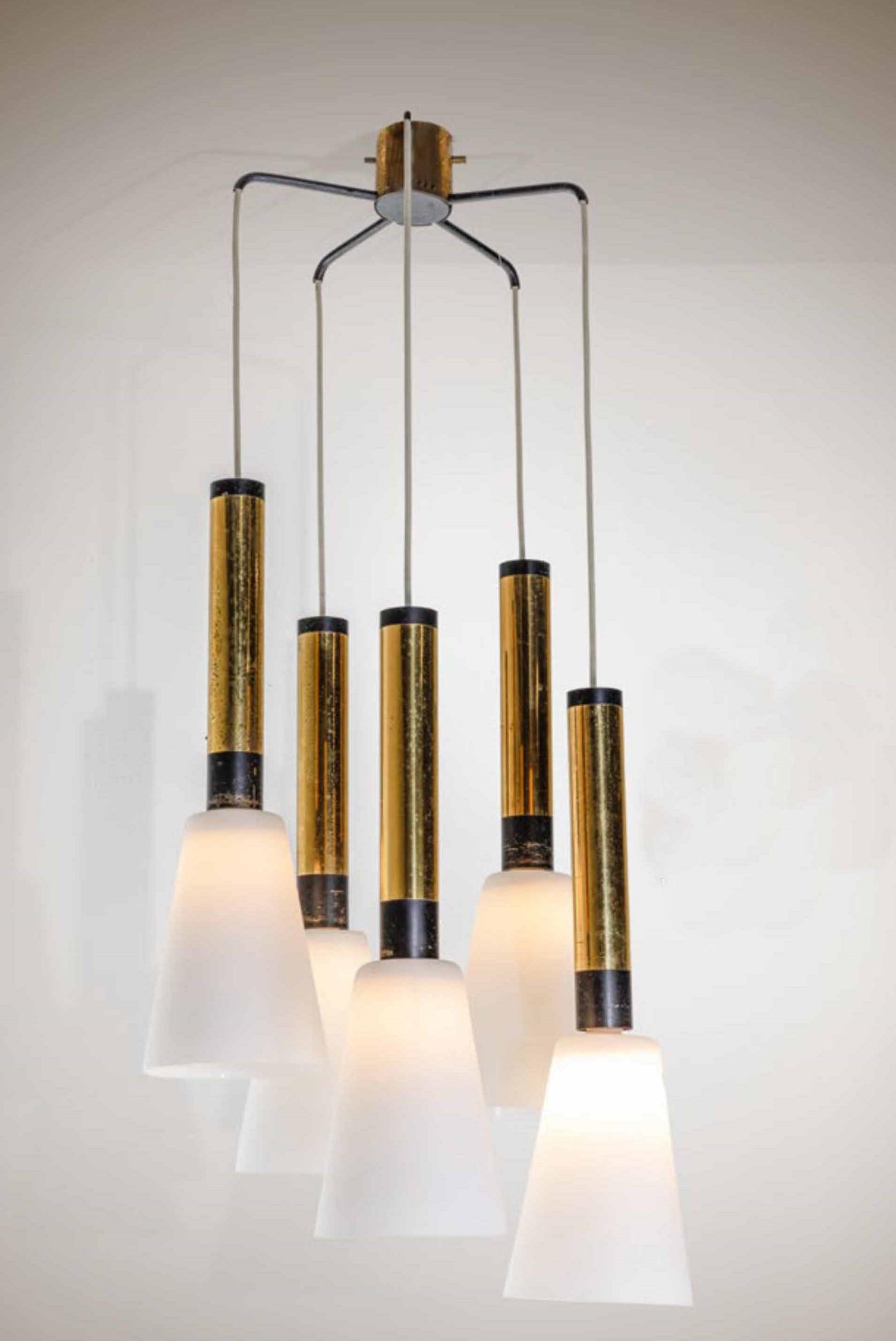 Mid-Century Modern Ceiling Lamp with Five Elements in Opaline Glass by Stilnovo, 1960s, Italy