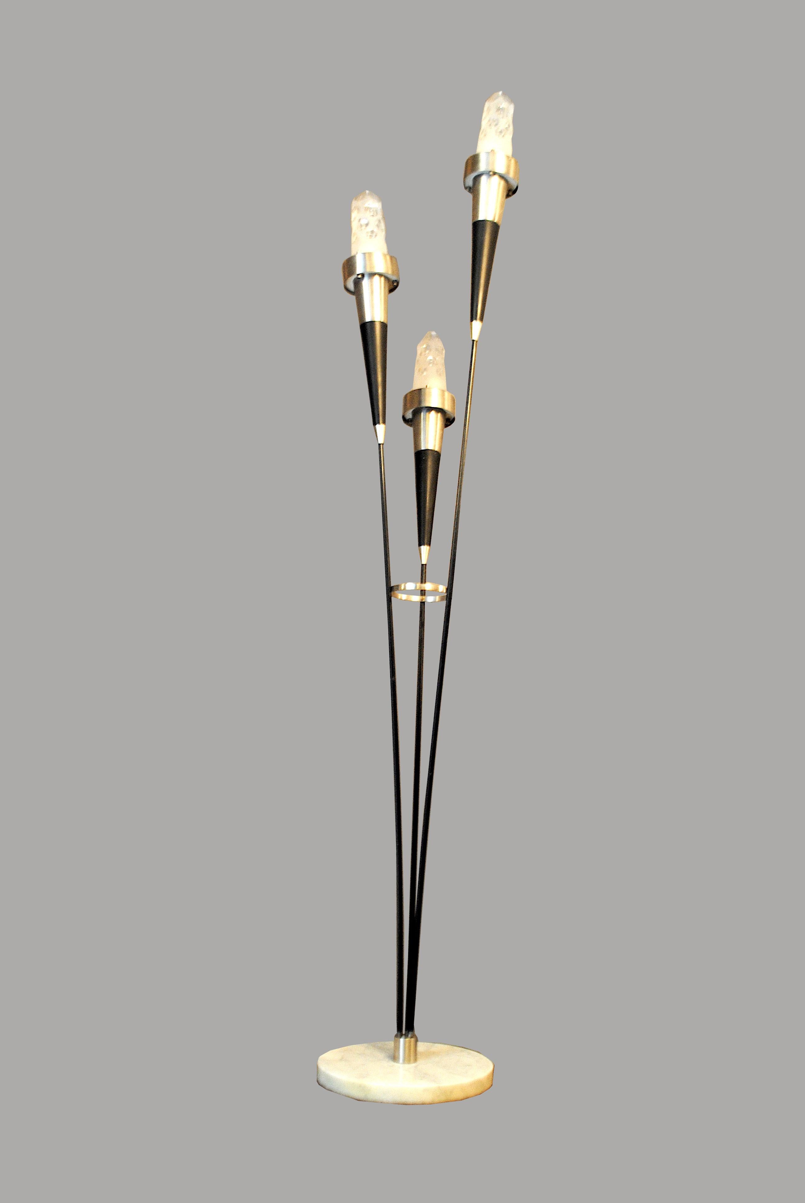 Stilnovo floor lamp, 1950s composed of three lighting elements in frosted glass stems in iron and aluminum with marble base.