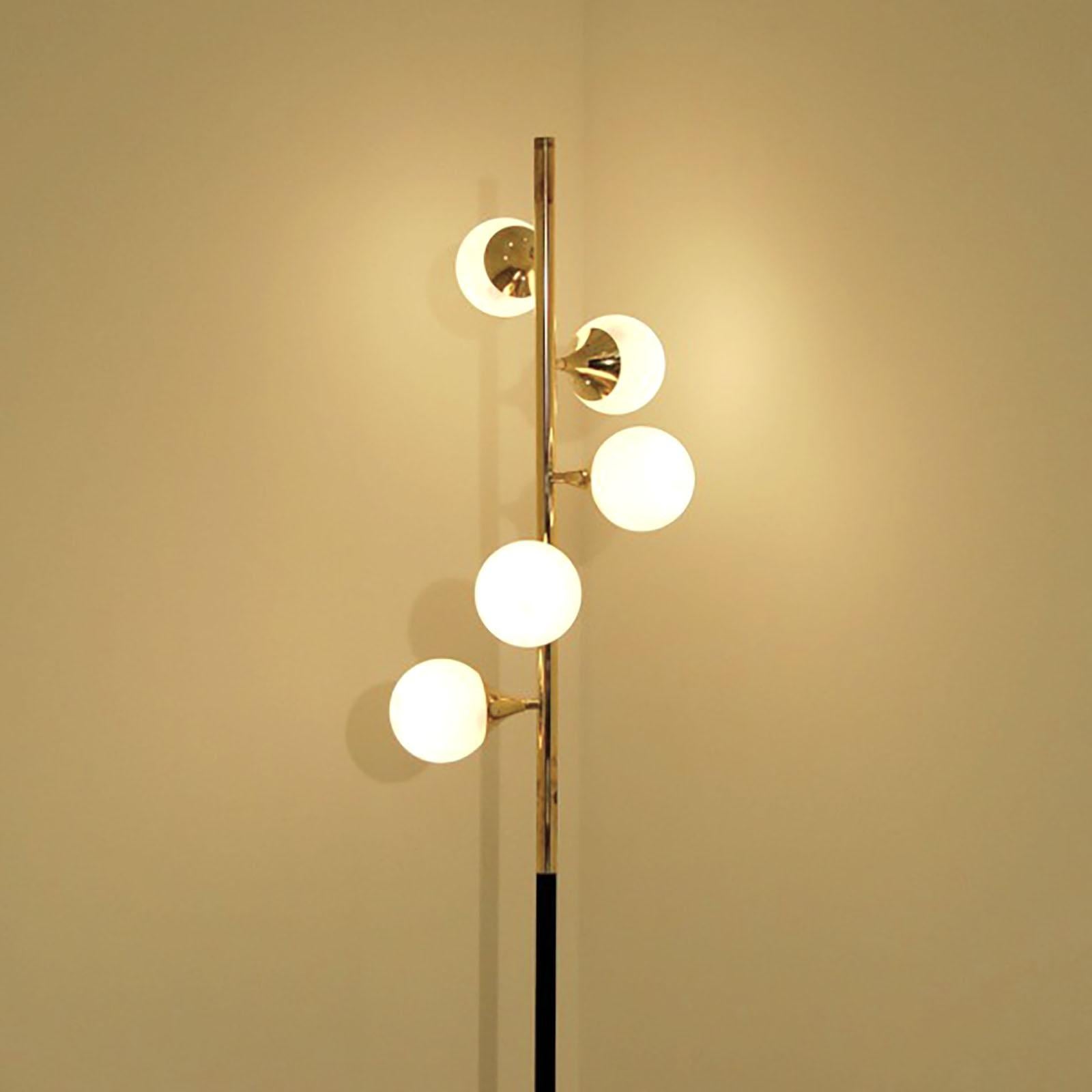 Stilnovo Floor Lamp 6 Lights Marbre Iron Brass Opaline Glass Italian Floor Lamp For Sale 4