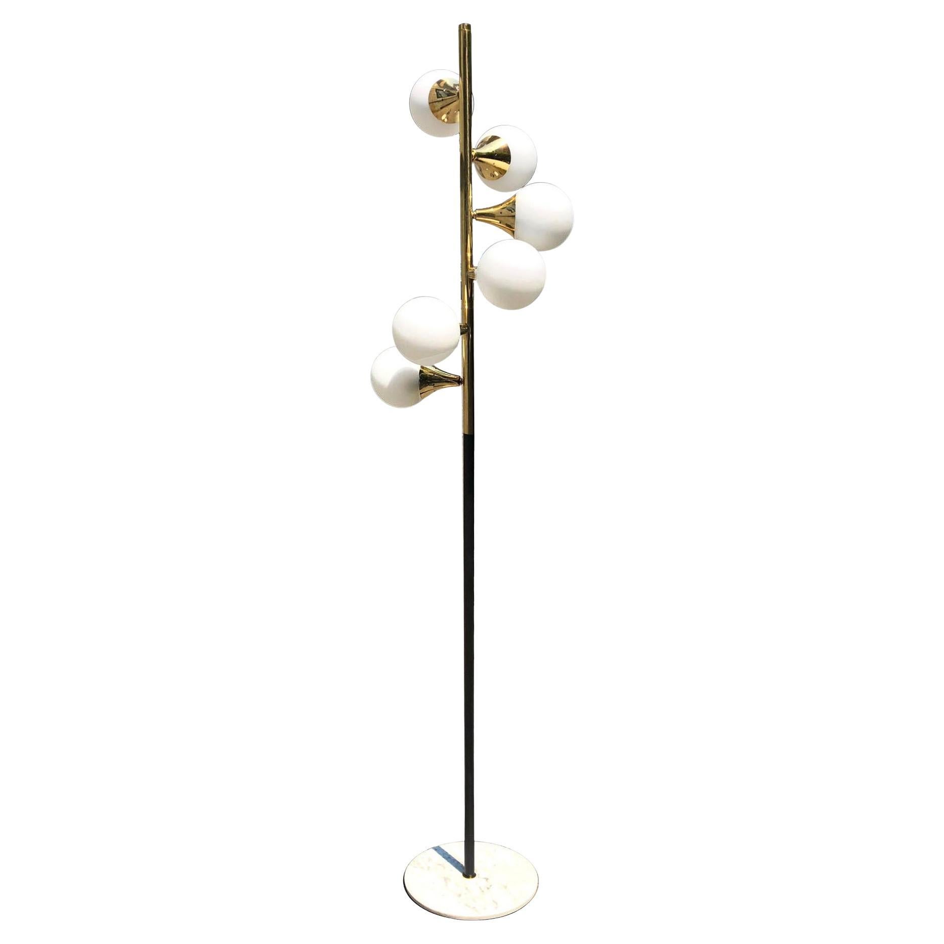 Stilnovo Floor Lamp 6 Lights Marbre Iron Brass Opaline Glass Italian Floor Lamp