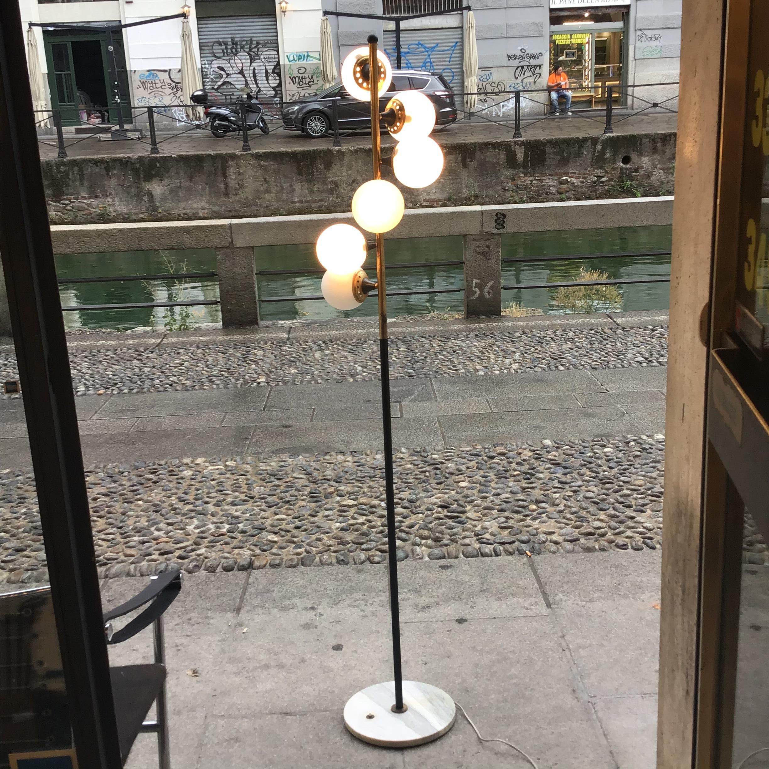 Brass Stilnovo Floor Lamp Bass Marbre Iron Glass 1950 Italy