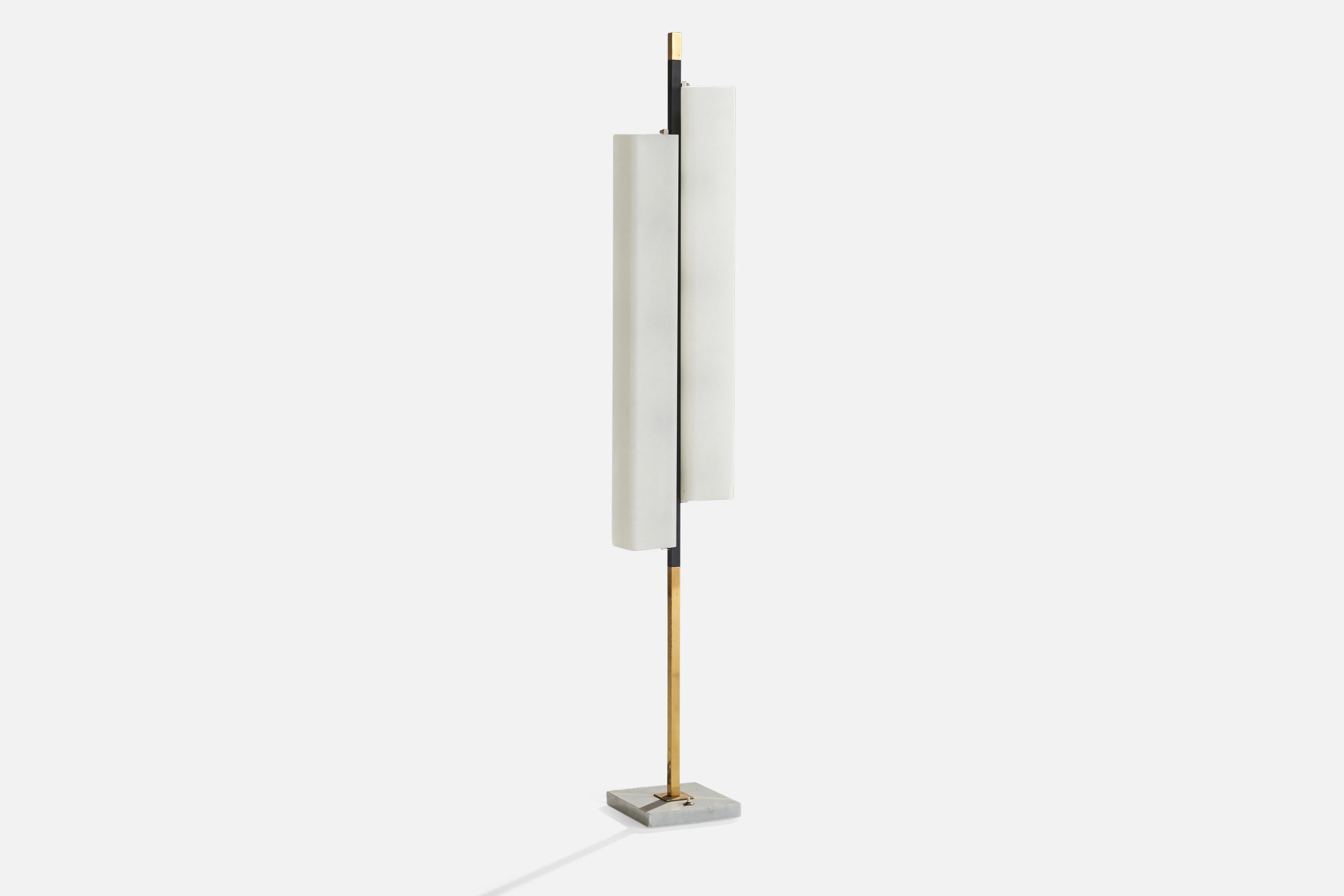 A brass, metal, marble and glass floor lamp designed and produced by Stilnovo, Italy, c. 1960s.

Overall Dimensions (inches): 59.25” H x 9” W x 8”  D
Stated dimensions include shade.
Bulb Specifications: E-14 Bulbs
Number of Sockets: 8
All lighting