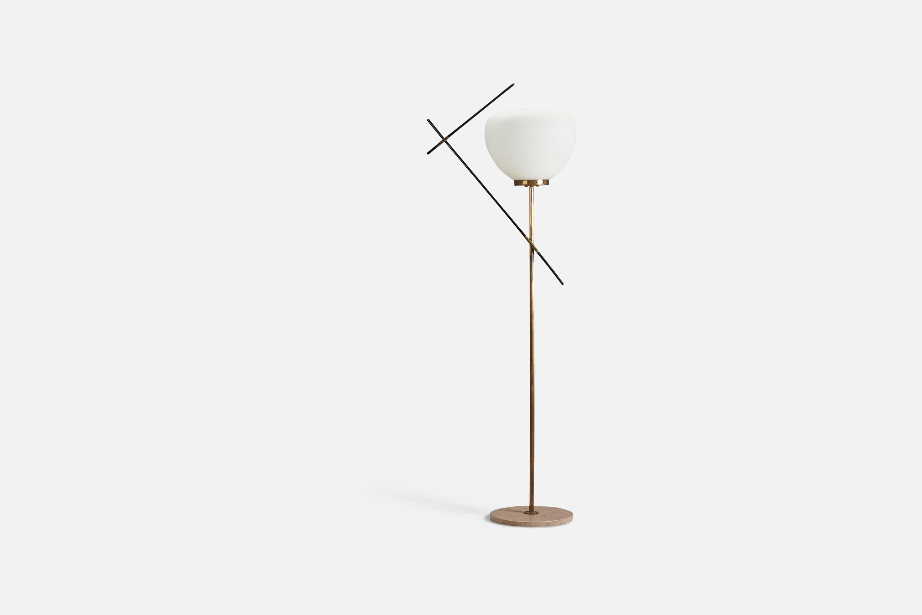 A brass, metal, milk glass, travertine floor lamp designed and produced by Stilnovo, Italy, 1950s.

Socket takes standard E-26 medium base bulb.

There is no maximum wattage stated on the fixture.